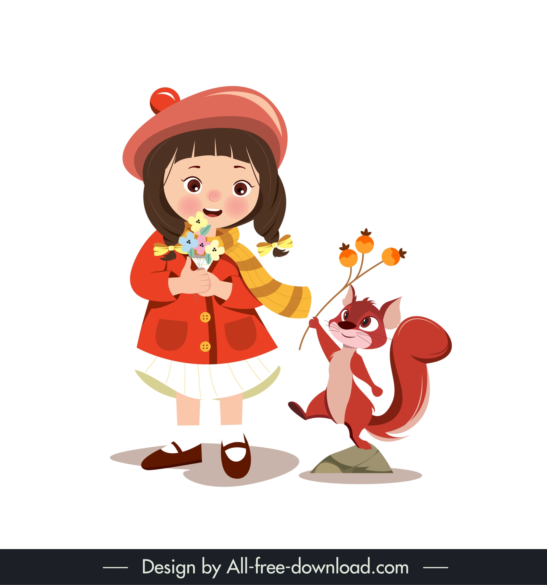 cute girl and squirrel design elements cartoon design 