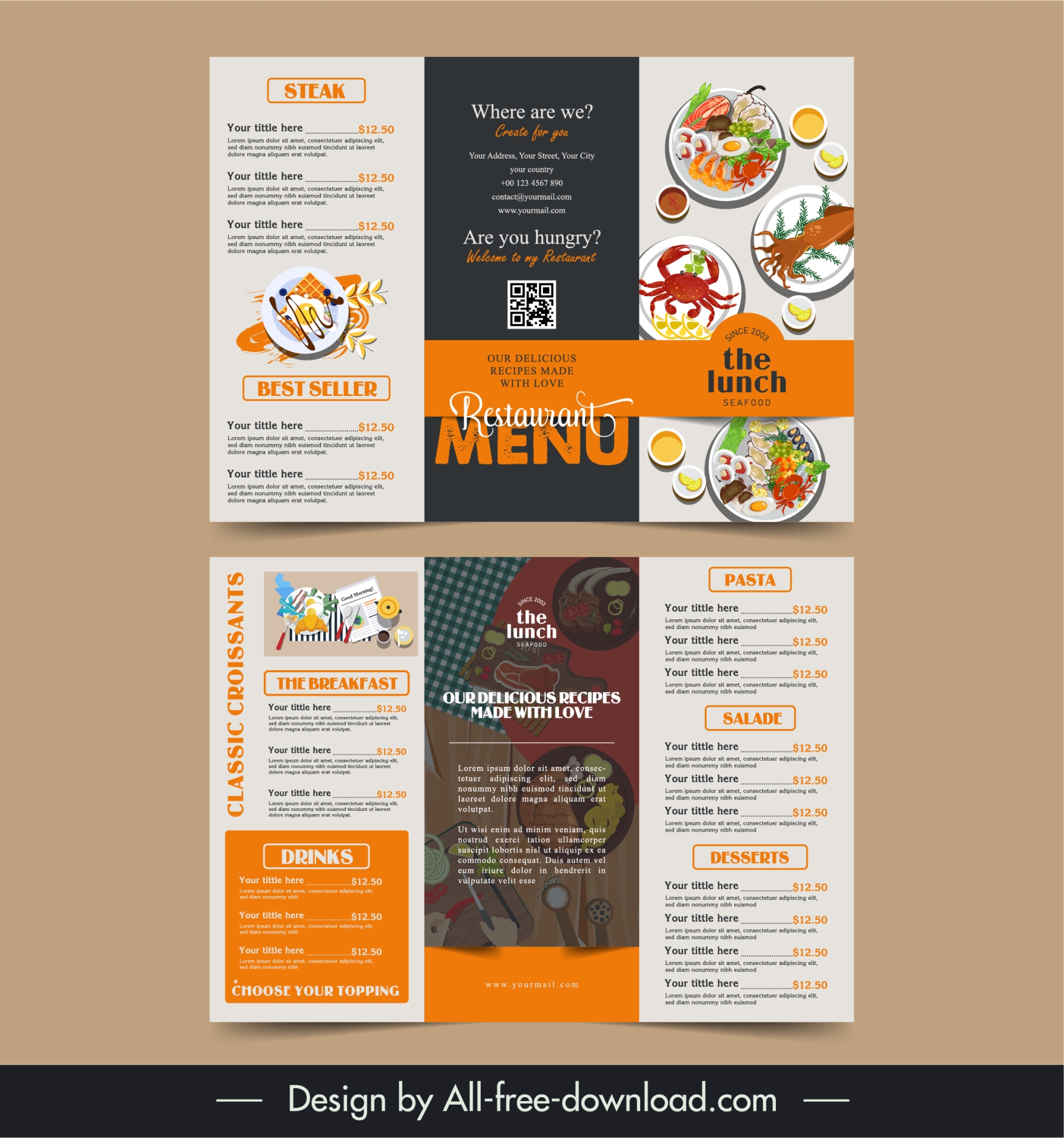 food menu tri fold brochure template flat cuisines layout