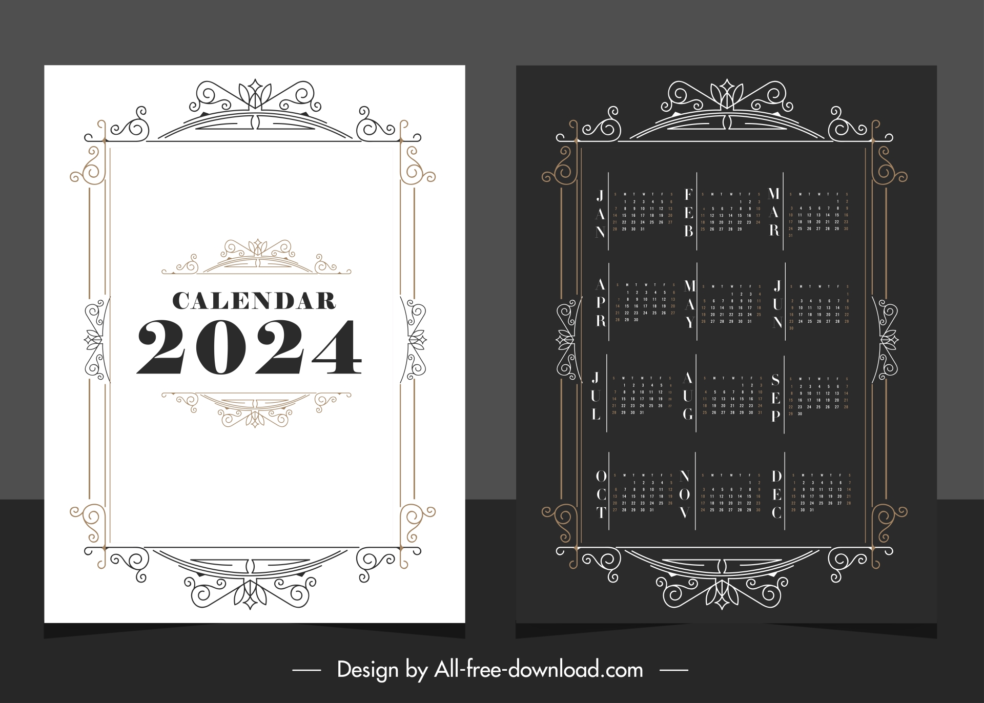 calendar 2024 template symmetric contrast decor elements 