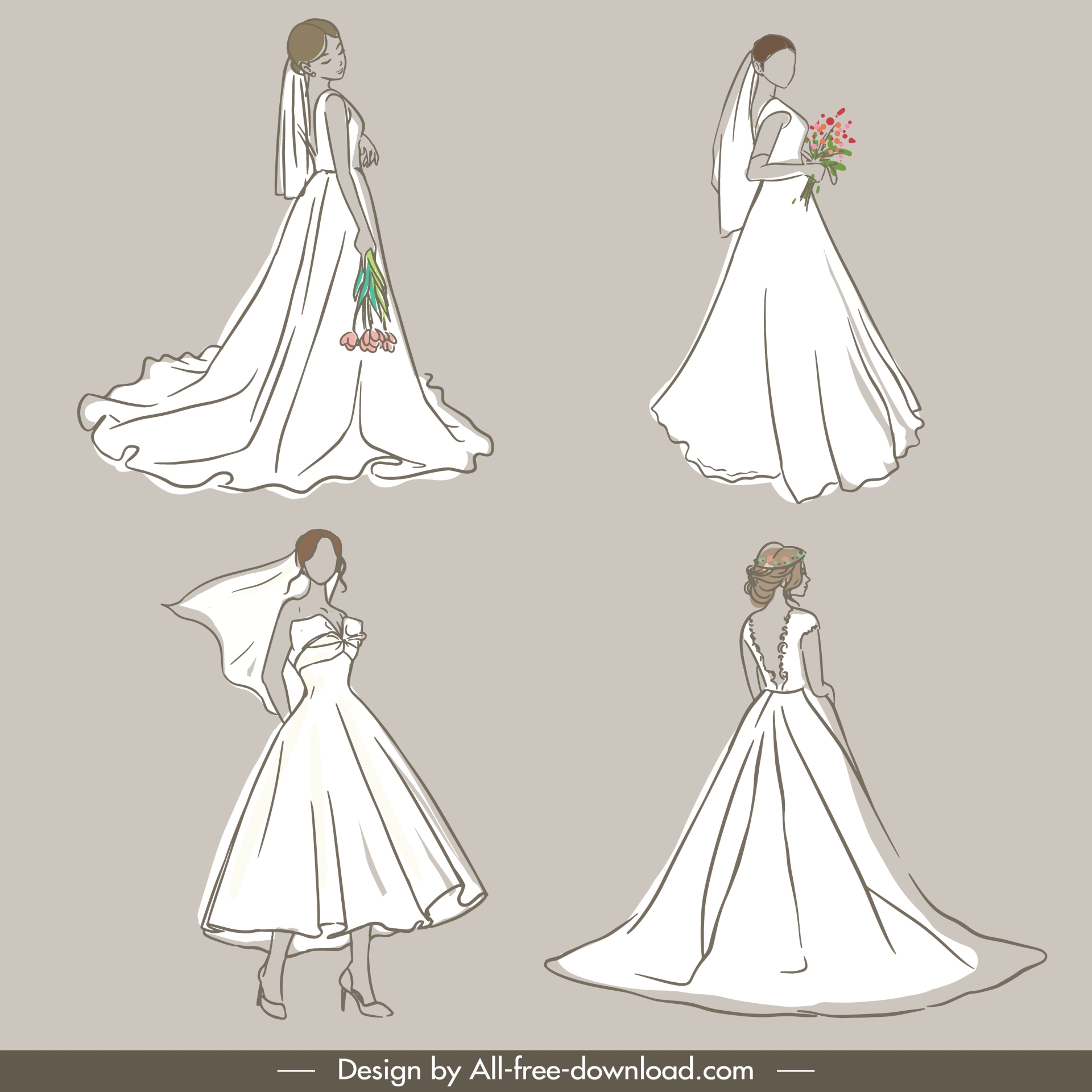 bride fashion collection handdrawn silhouette outline 