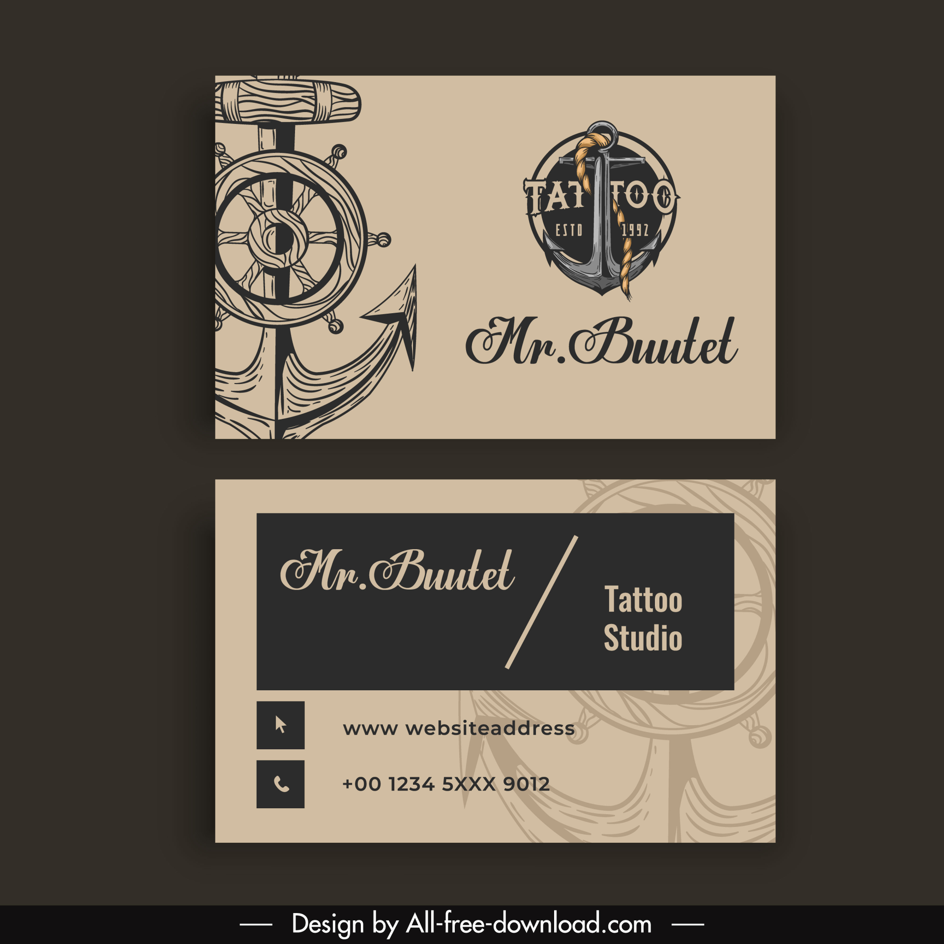 tattoo business card template retro handdrawn marine elements