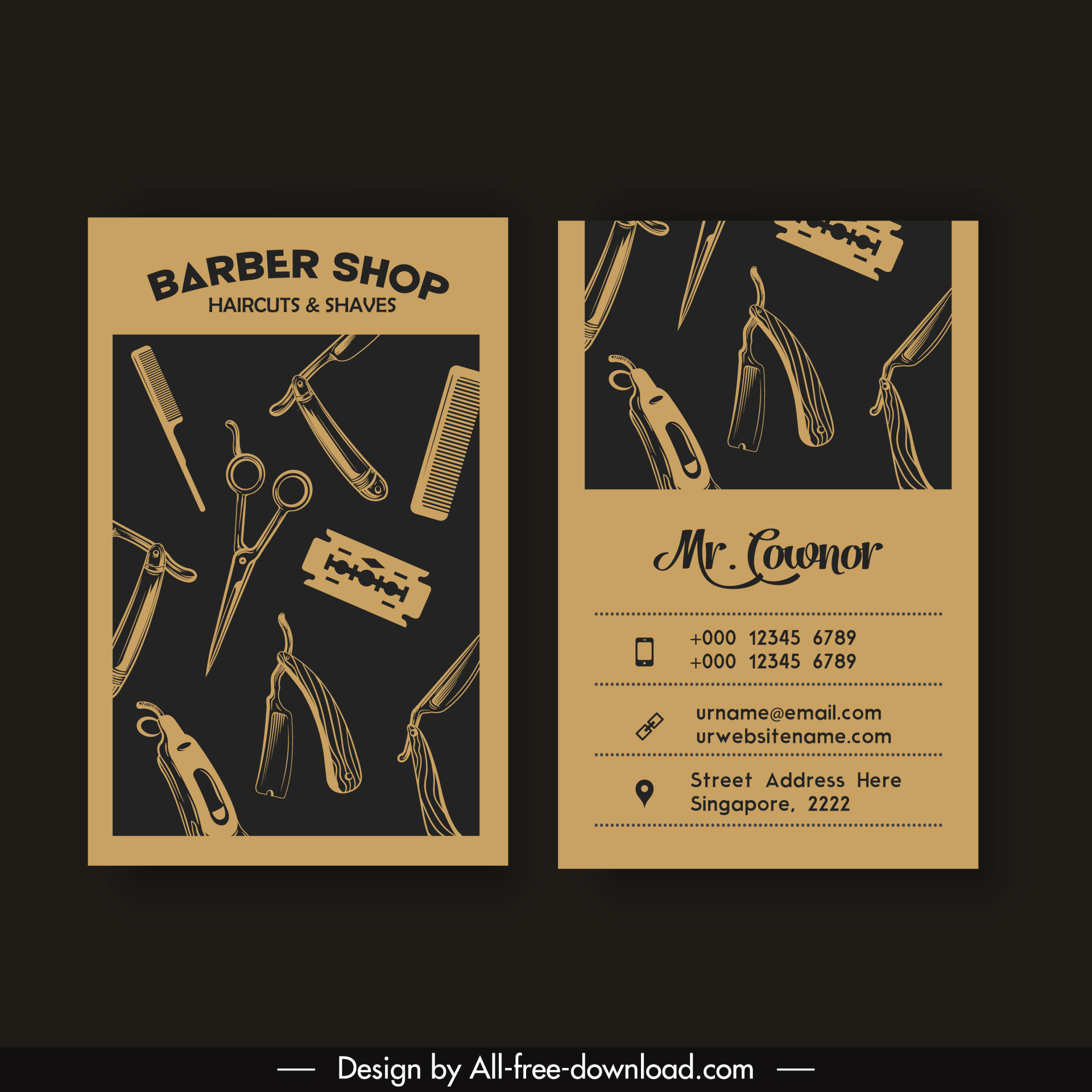 barber shop business card template dark retro tools elements