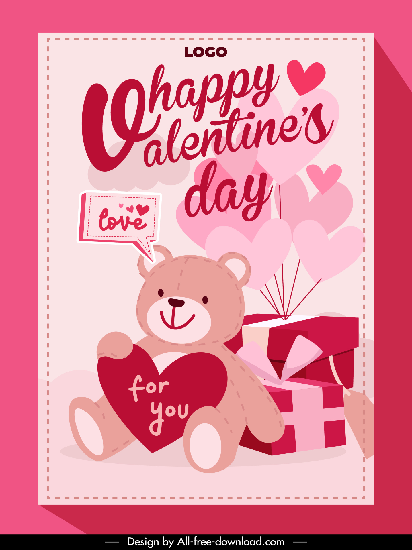 happy valentine day poster template cute classical teddy bear hearts present box outline 