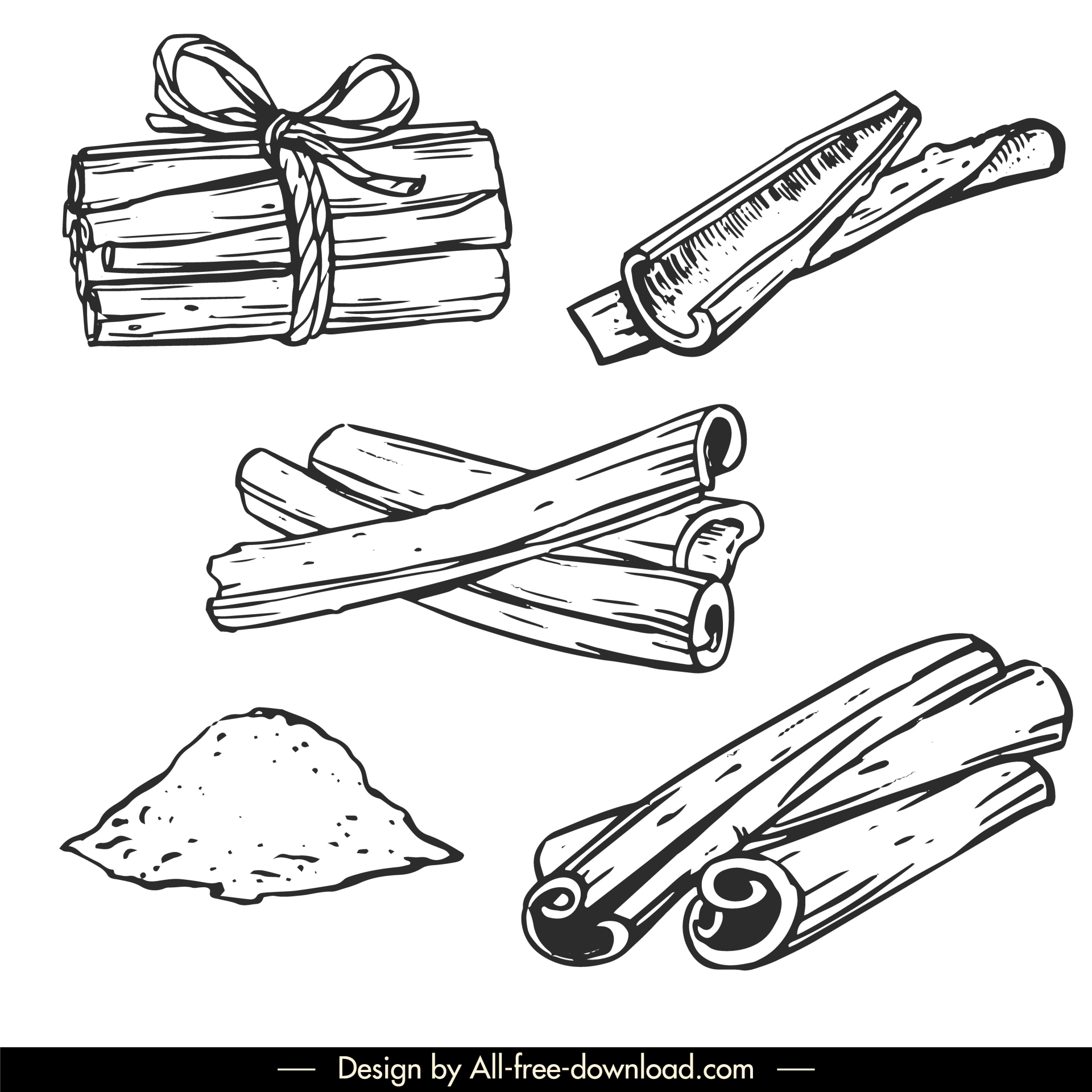 tea ingredients design elements cinnamon objects sketch black white handdrawn lineart outline 