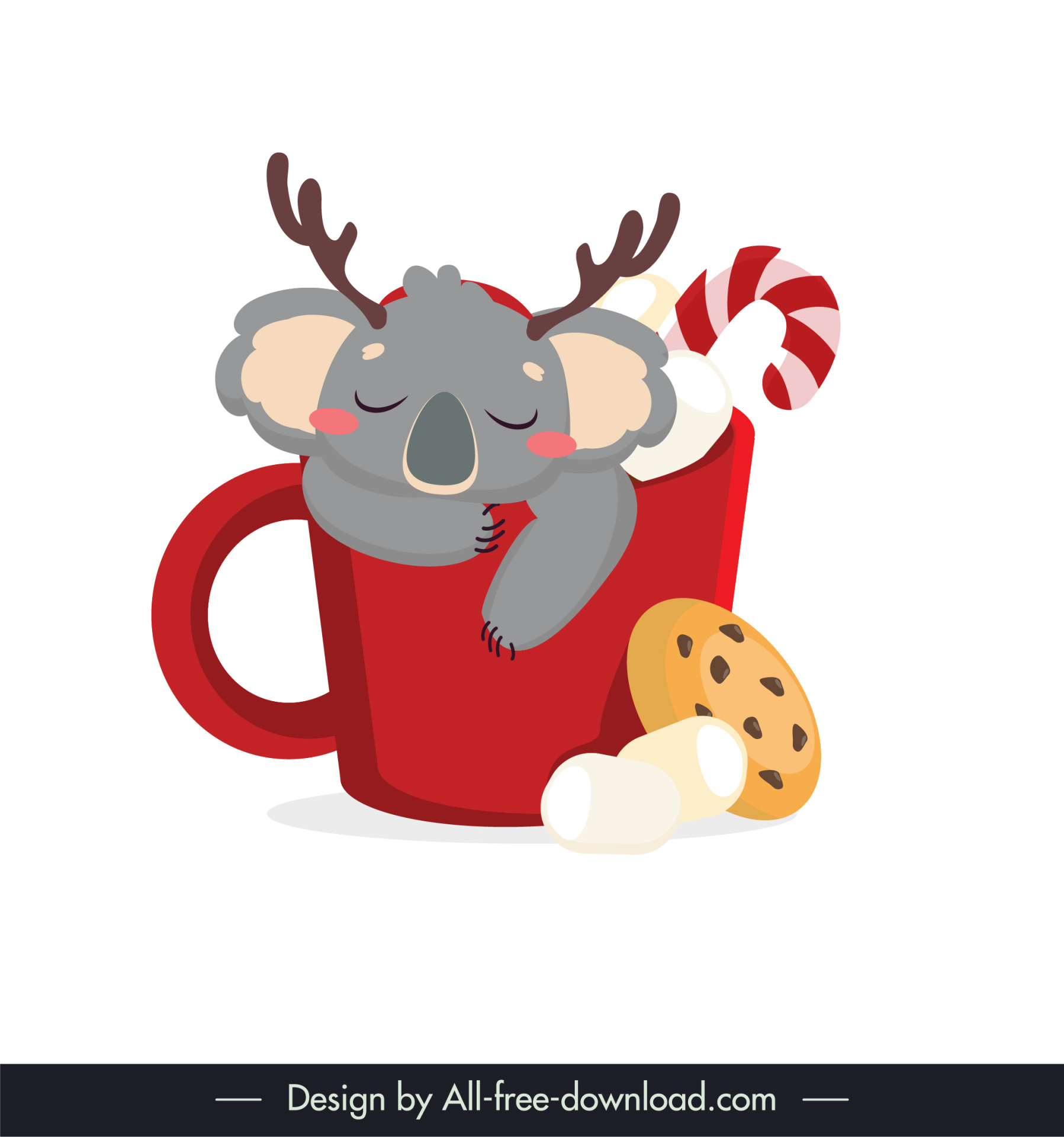 xmas koala icon sleeping gesture cup candy cane cookie sketch stylized cartoon design 