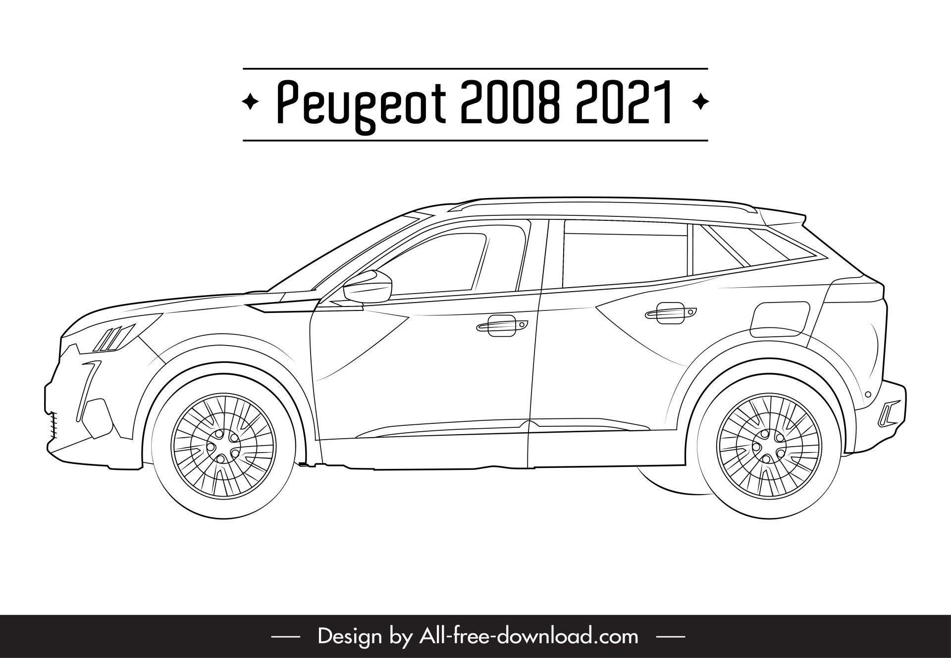 peugeot 2008 2021 car model icon flat black white handdrawn side view outline