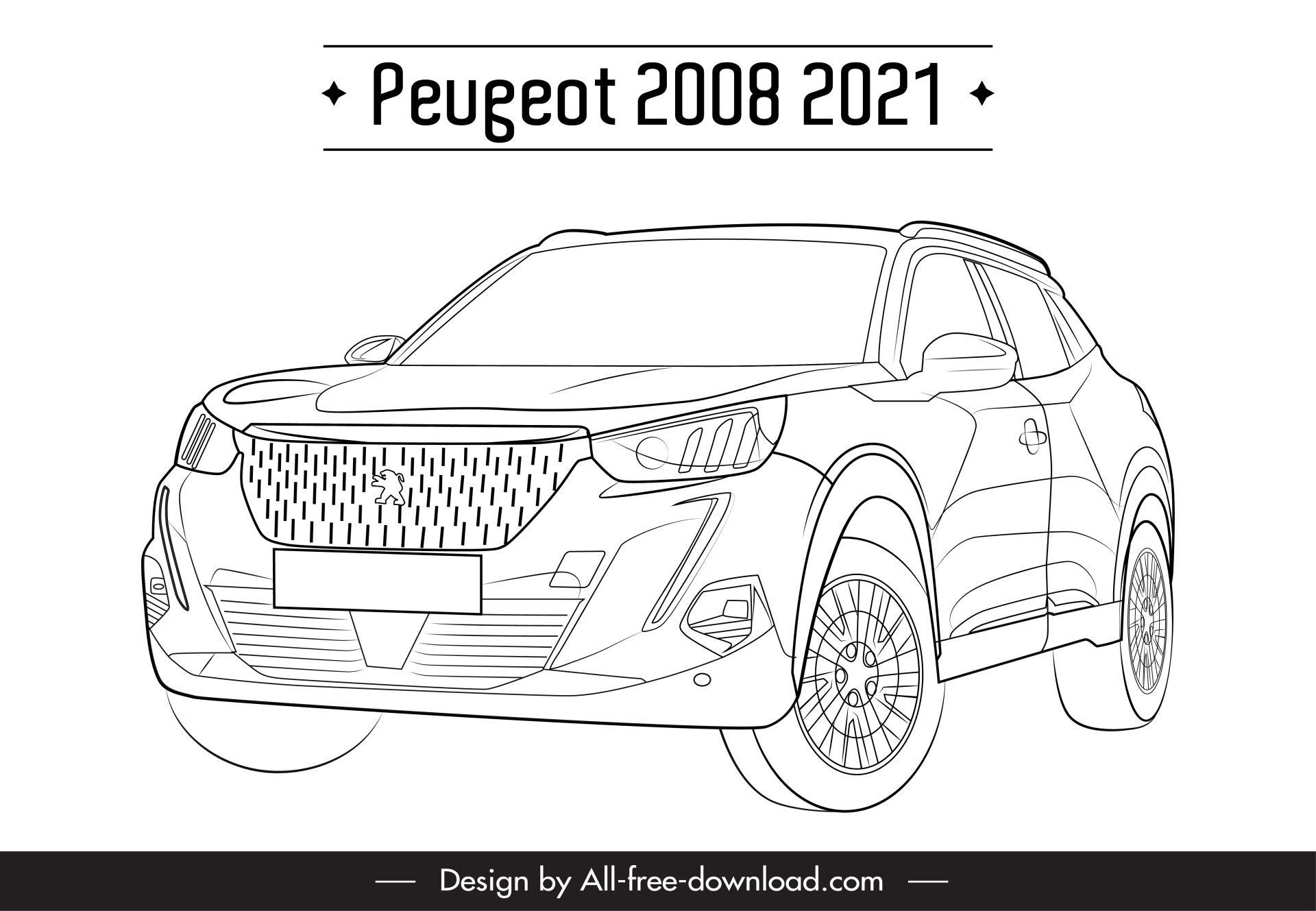 peugeot 2008 2021 car model icon black white tilt angle view sketch 3d handdrawn outline