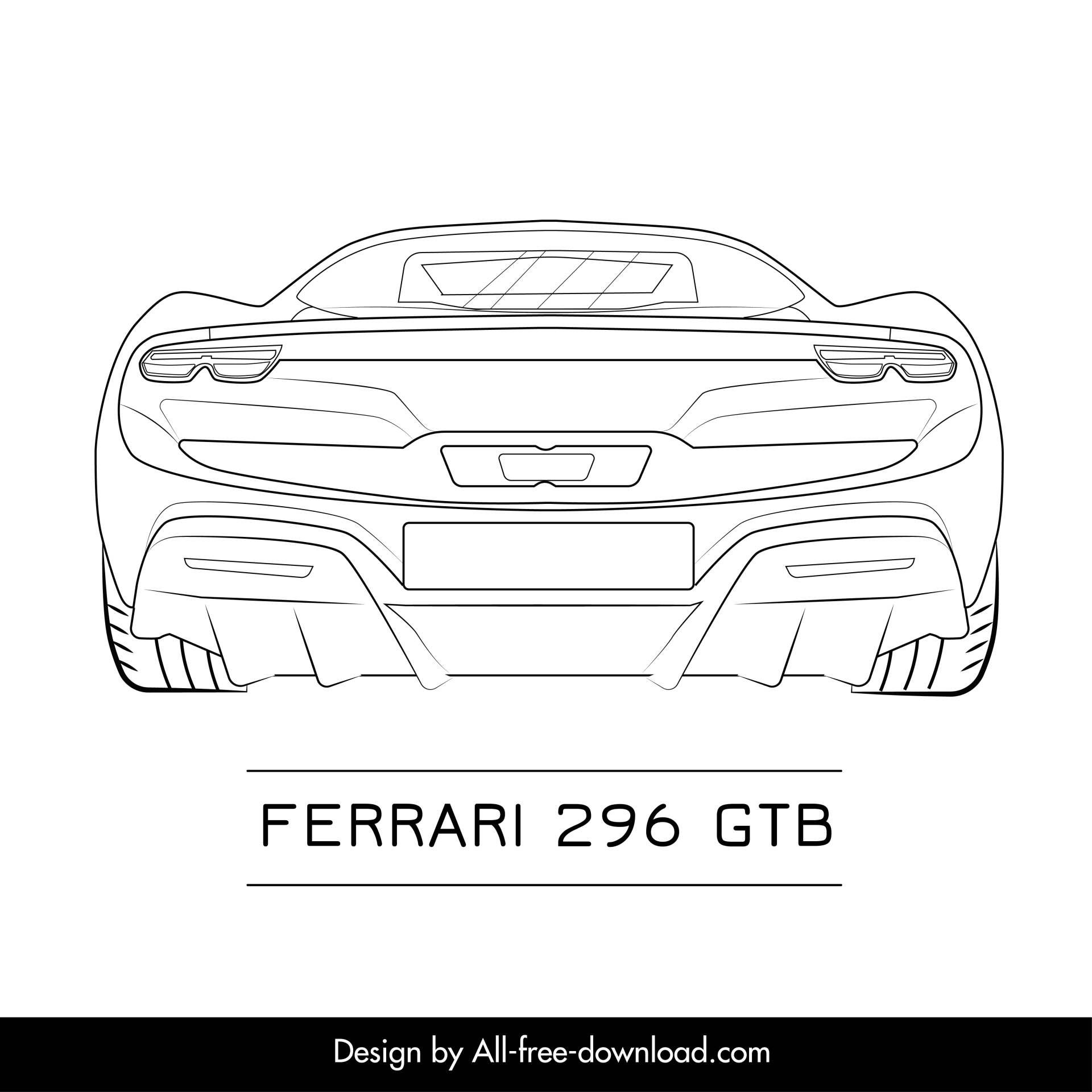 ferrari 296 gtb car model icon flat symmetric black white handdrawn back view outline