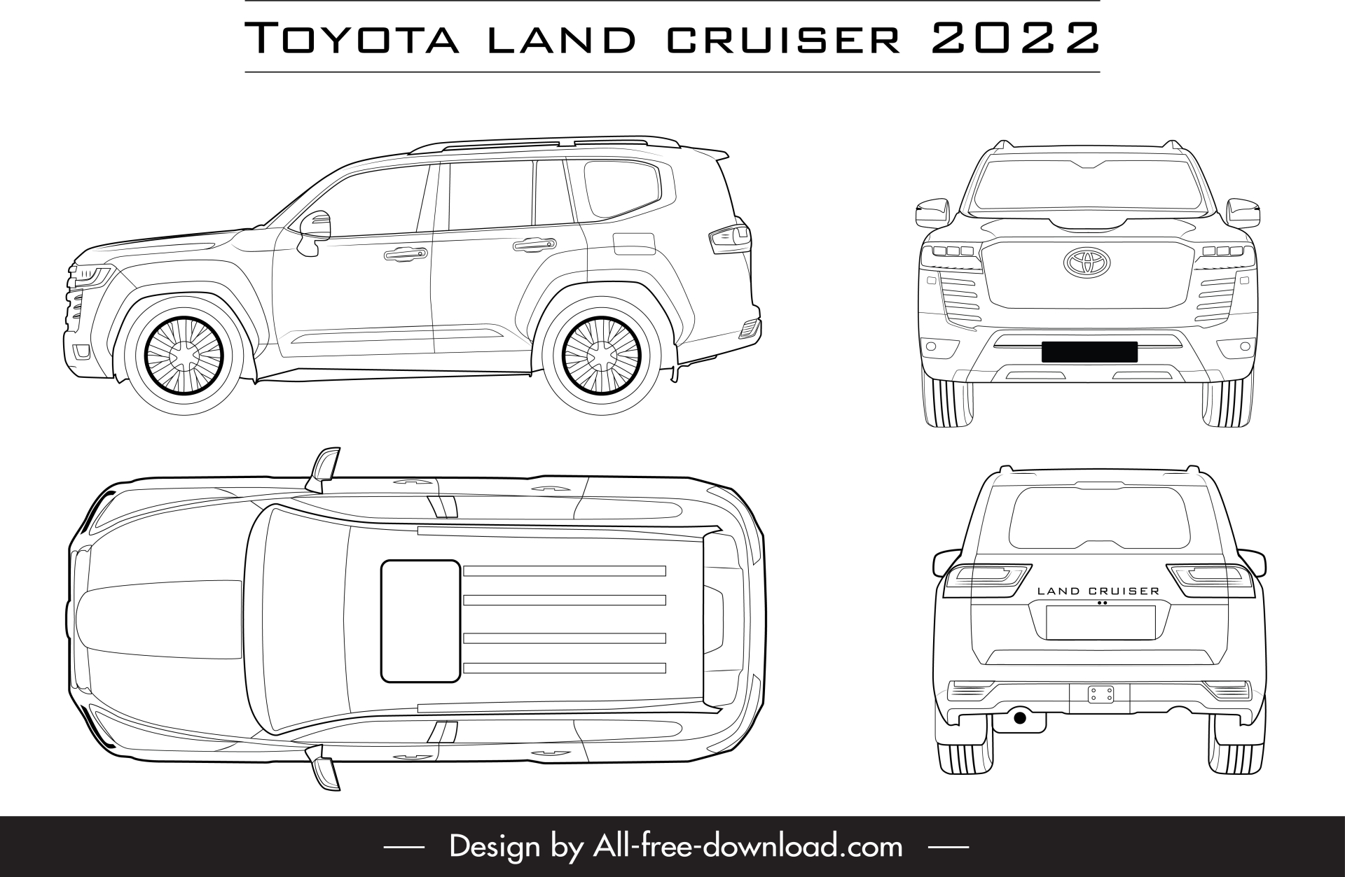 toyota land cruiser 2022 car models icon flat black white different views outline