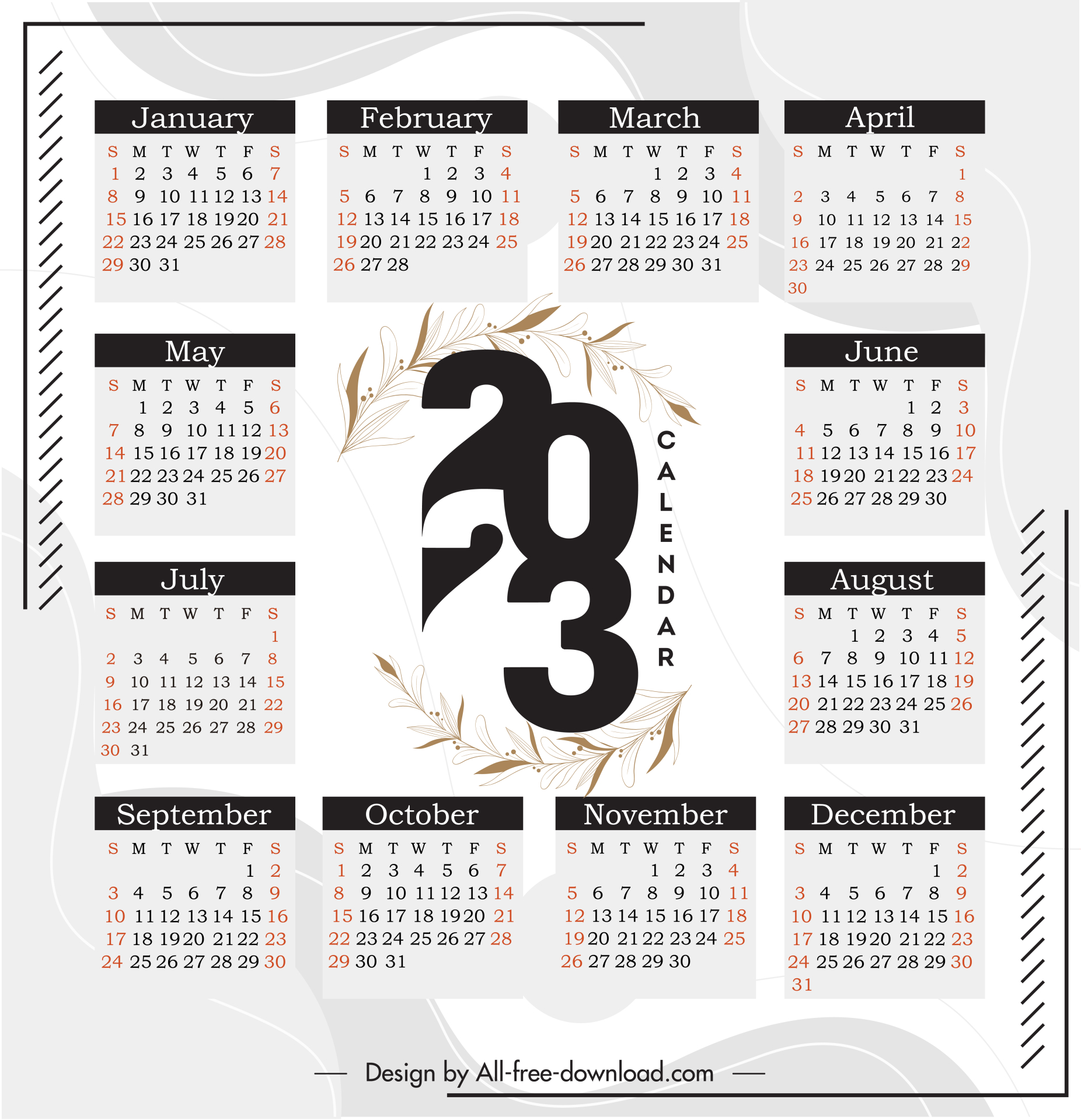 calendar 2023 template elegant classic leaves decor