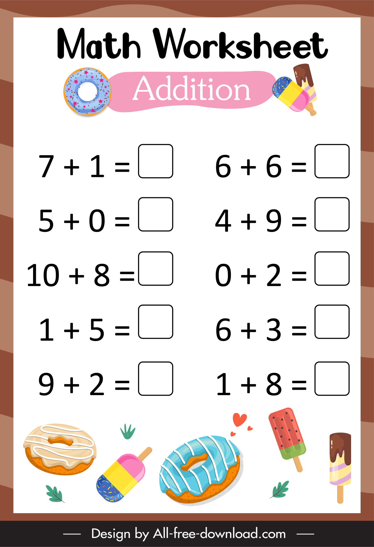 math worksheet for kids template addition mathematic sketch cakes ice creams leaf decor