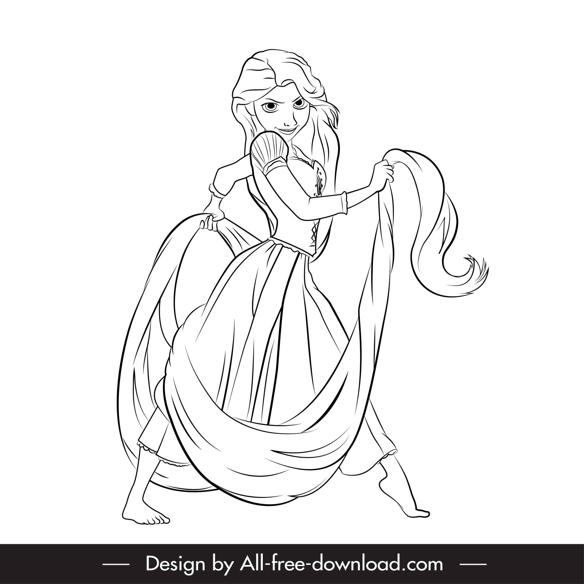 rapunzel cartoon character icon black white handdrawn outline