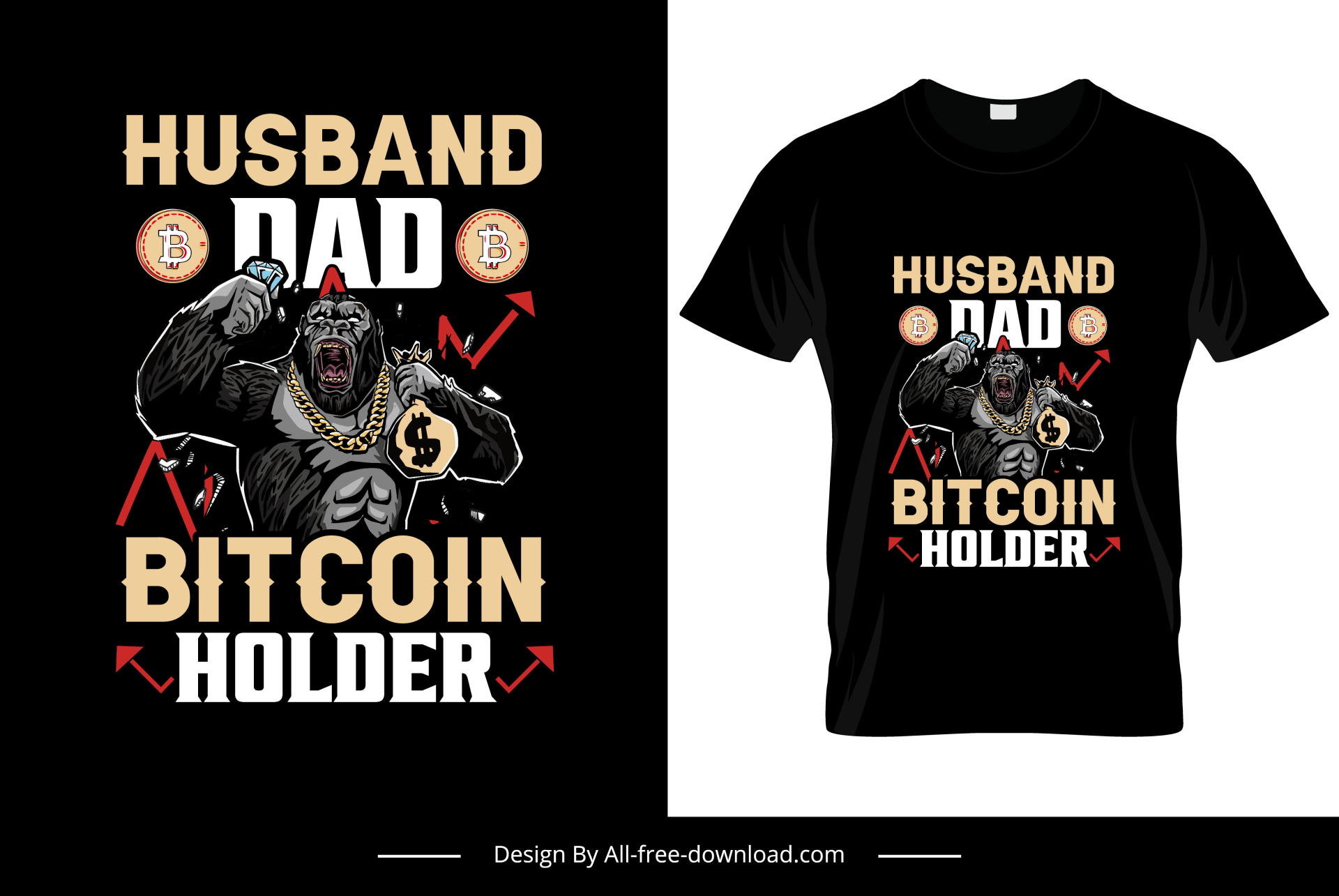 husband dad bitcoin holder tshirt template gorilla arrows coins cartoon design