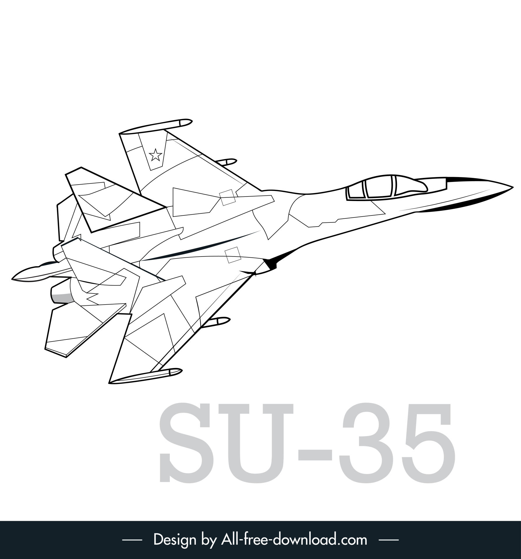 su 35 jet icon black white 3d outline