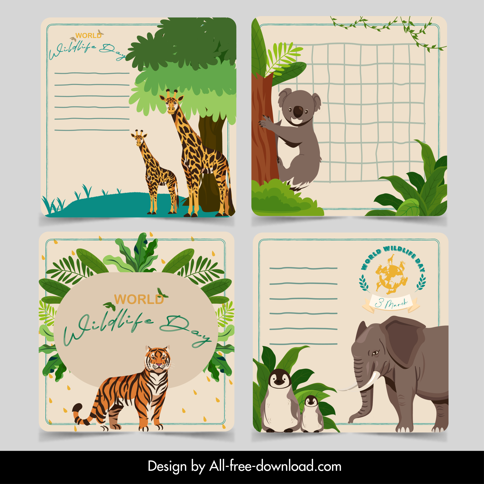 wildlife protection cards collection classical handdrawn species leaves decor