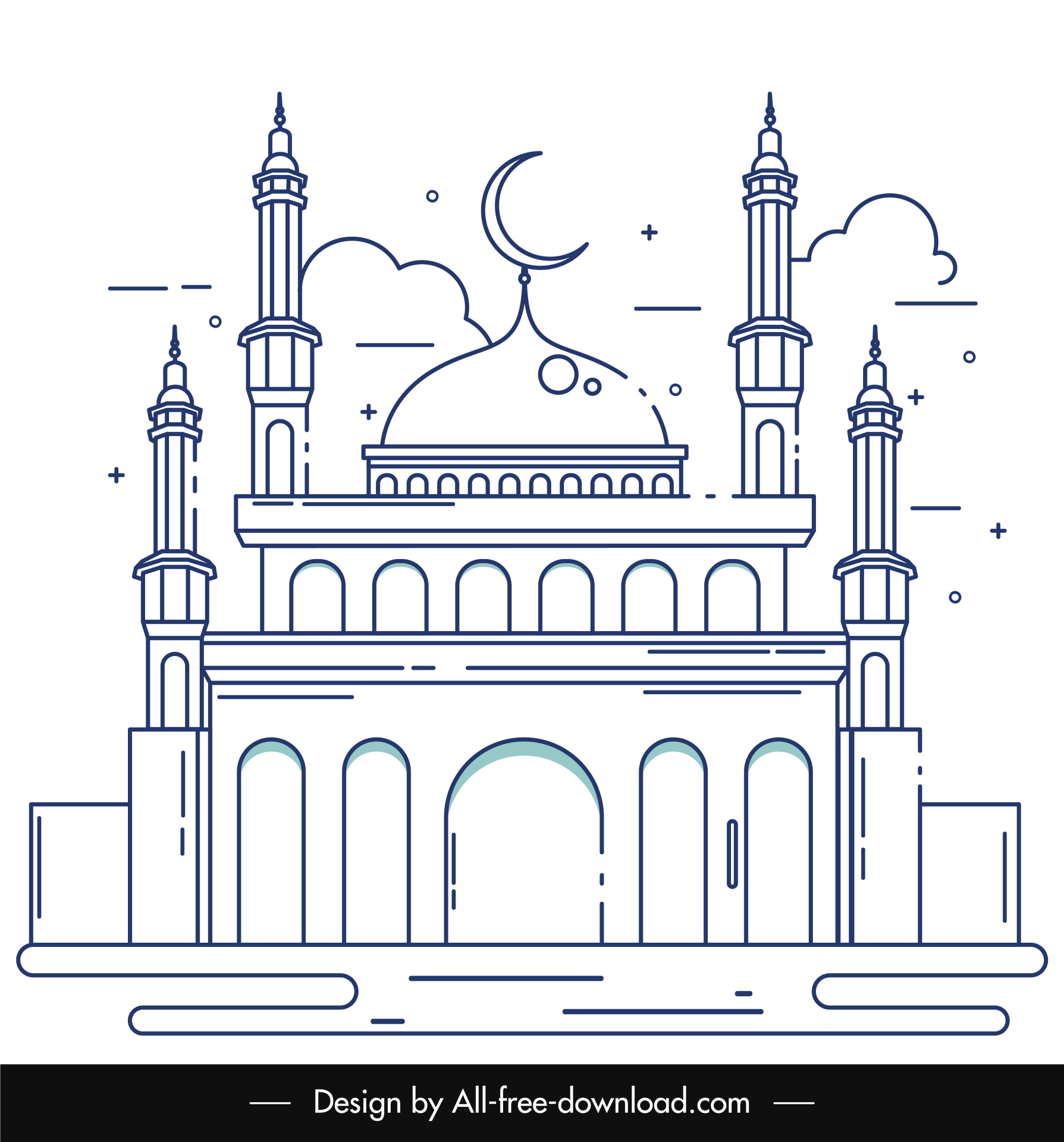 islamic mosque building template flat handdrawn outline  