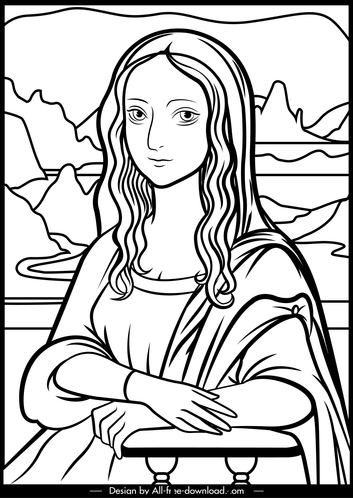 mona lisa line painting black white handdrawn sketch