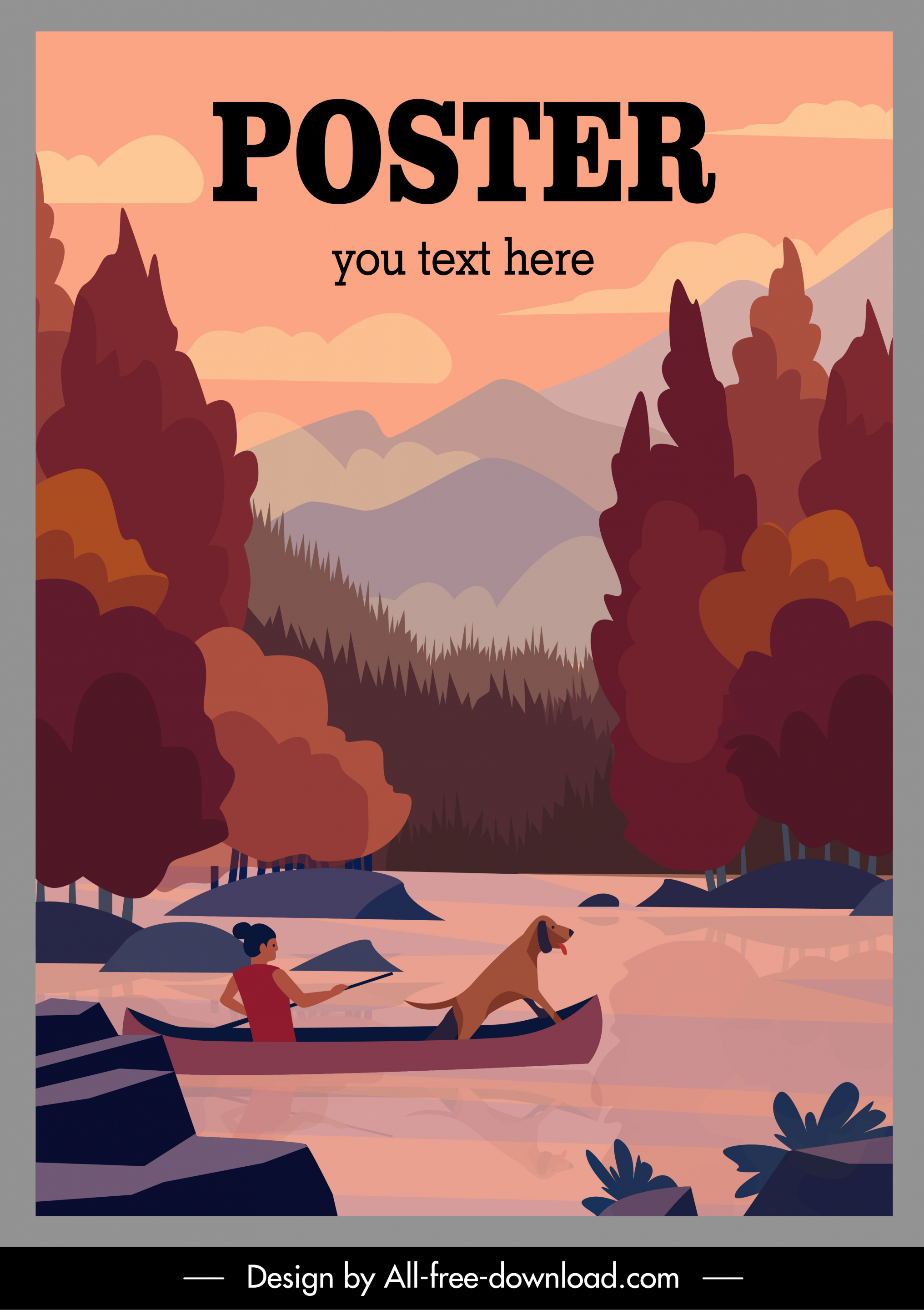 adventure travel poster boat stream sketch cartoon design