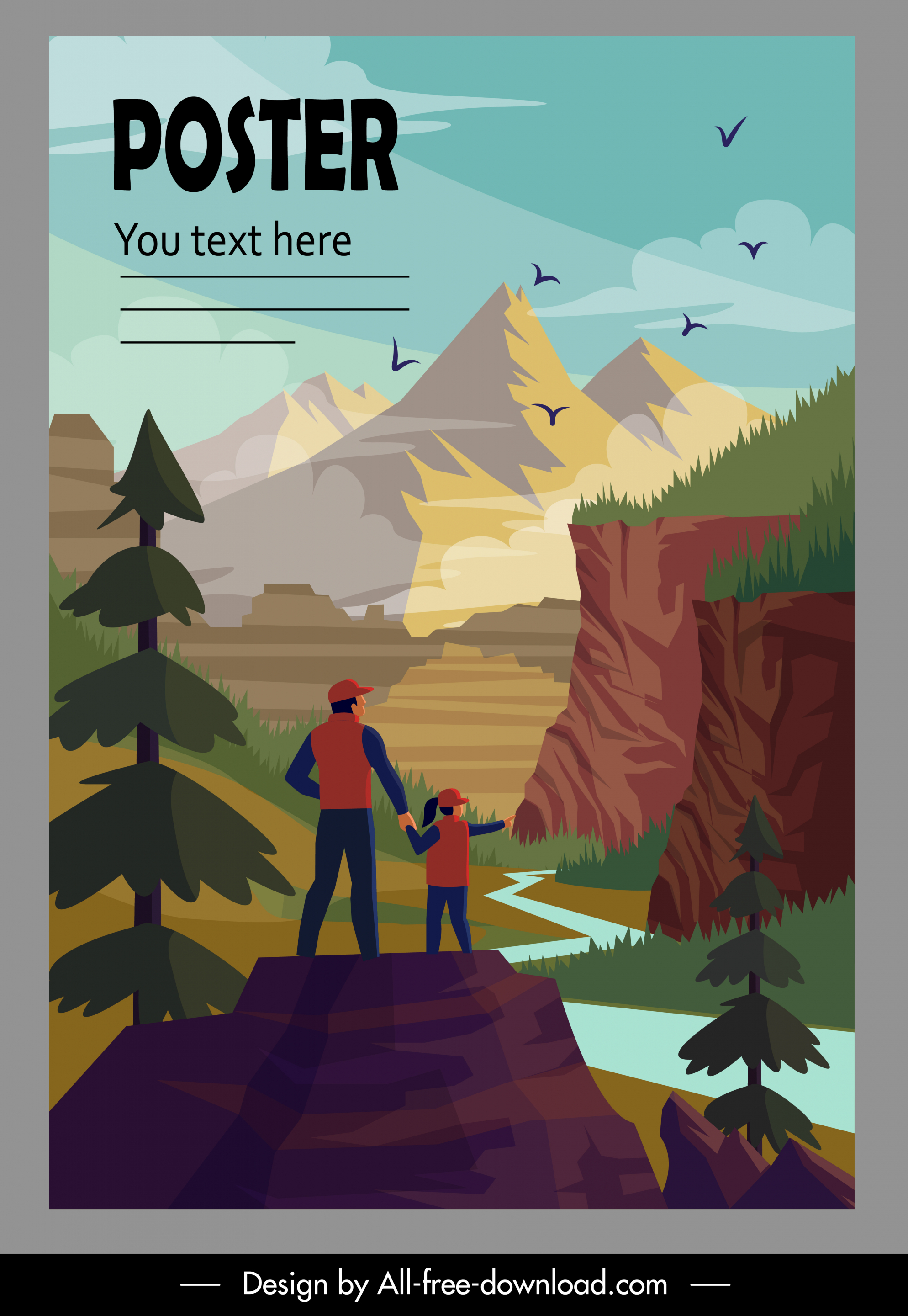 nature traveling poster mountain scene cartoon design