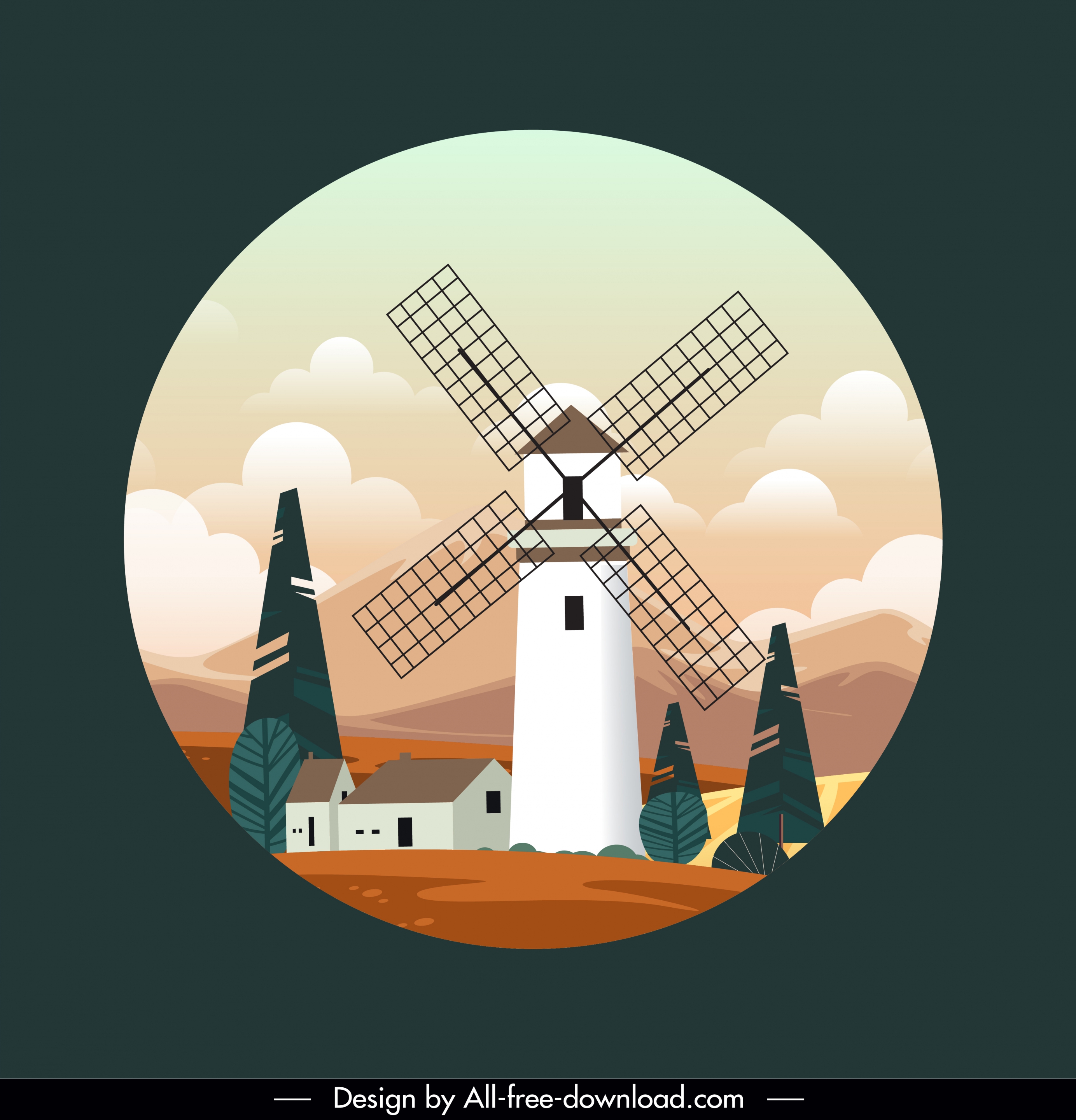 windmill scenery background bright colorful elegant design