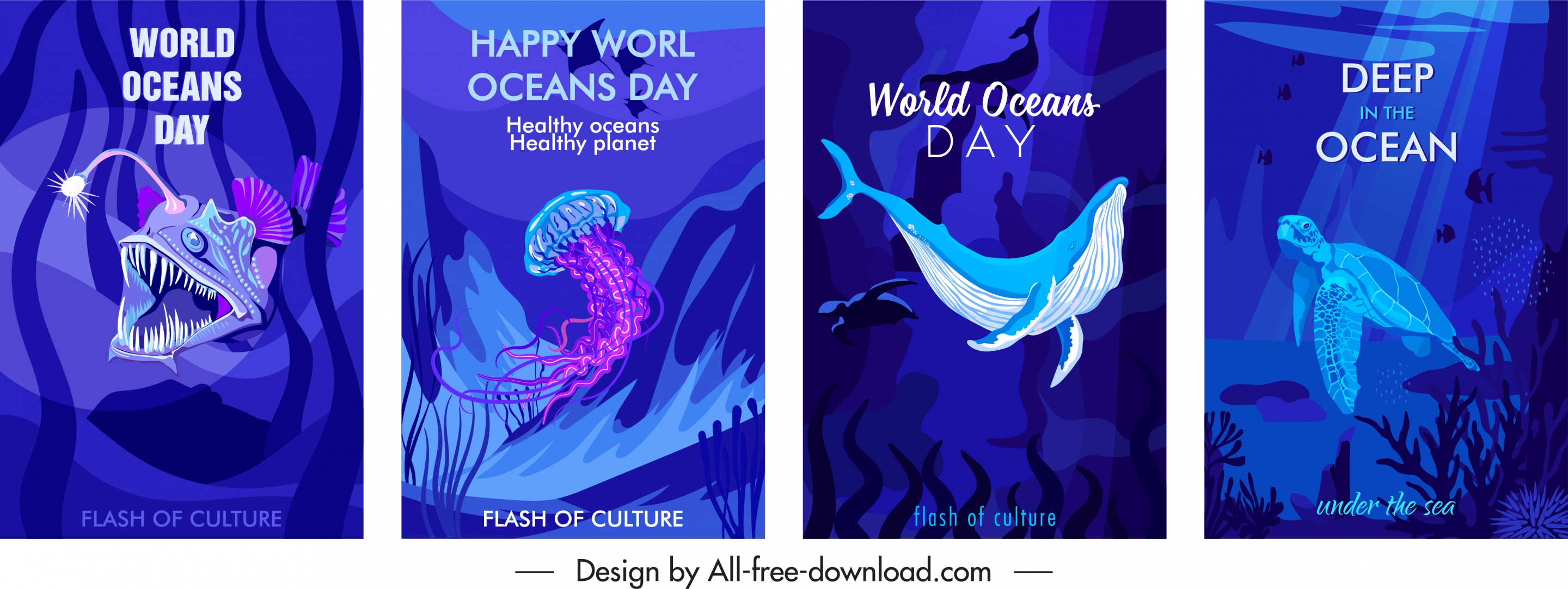 ocean banner templates dark blue decor sea creatures