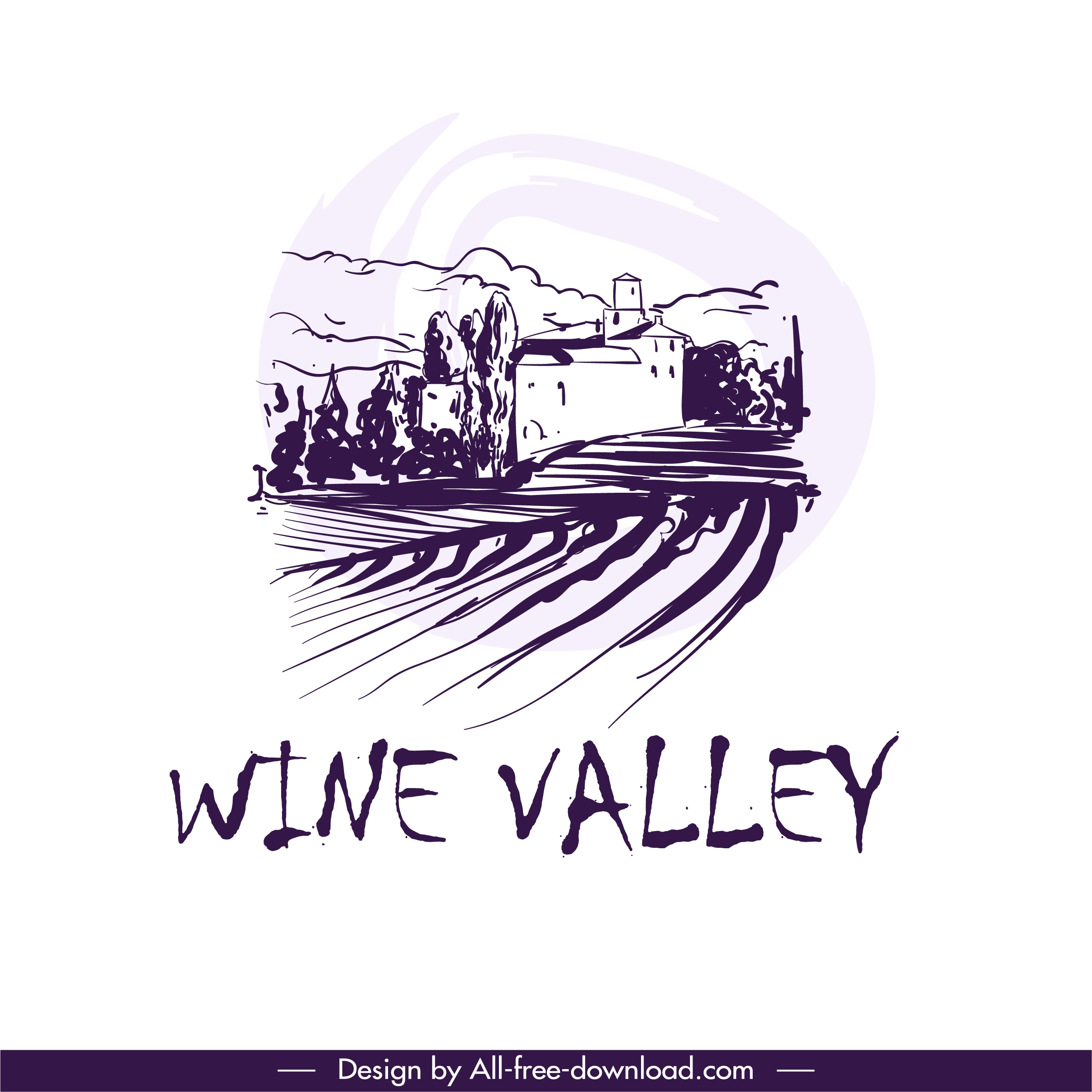 wine label design elements retro handdrawn field scene