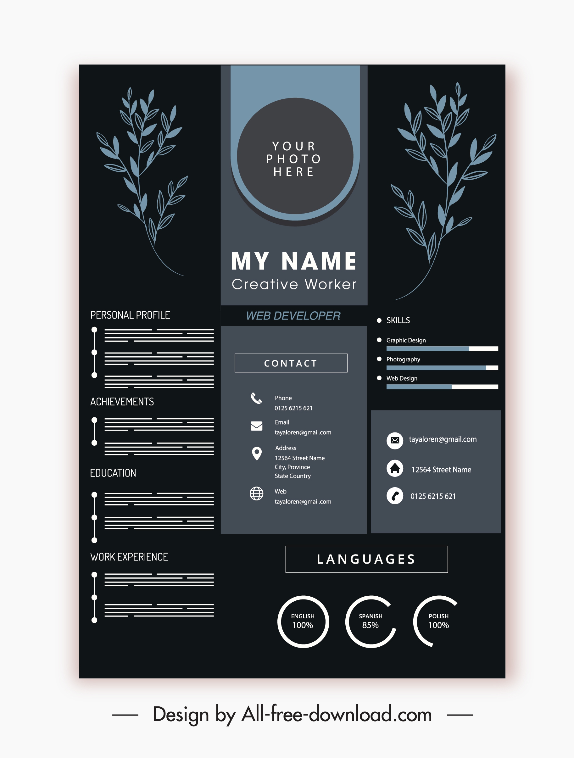 cv template elegant dark design handdrawn leaves decor