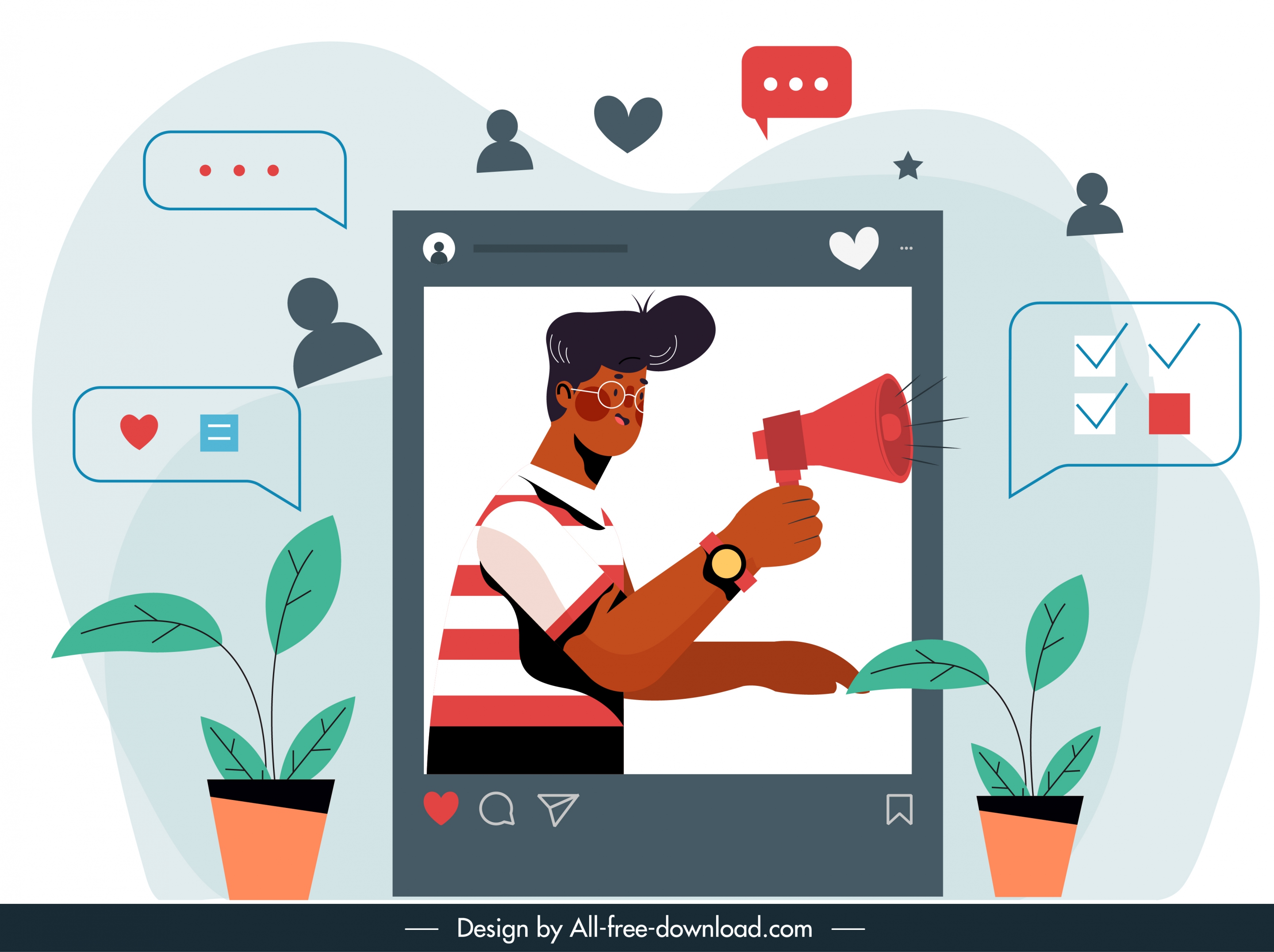 social media background communication elements flat sketch