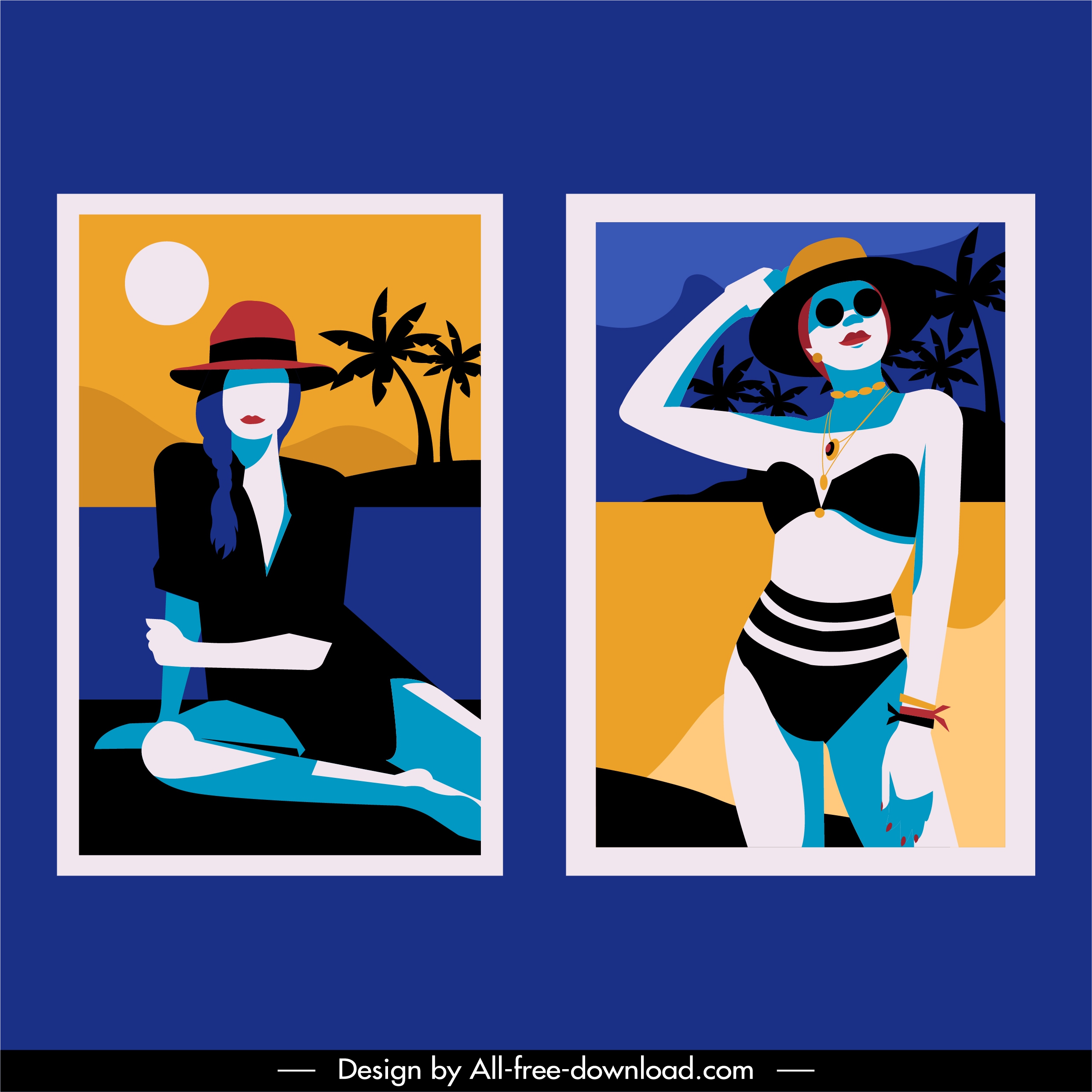 beach fashion templates lady sketch colorful classic design