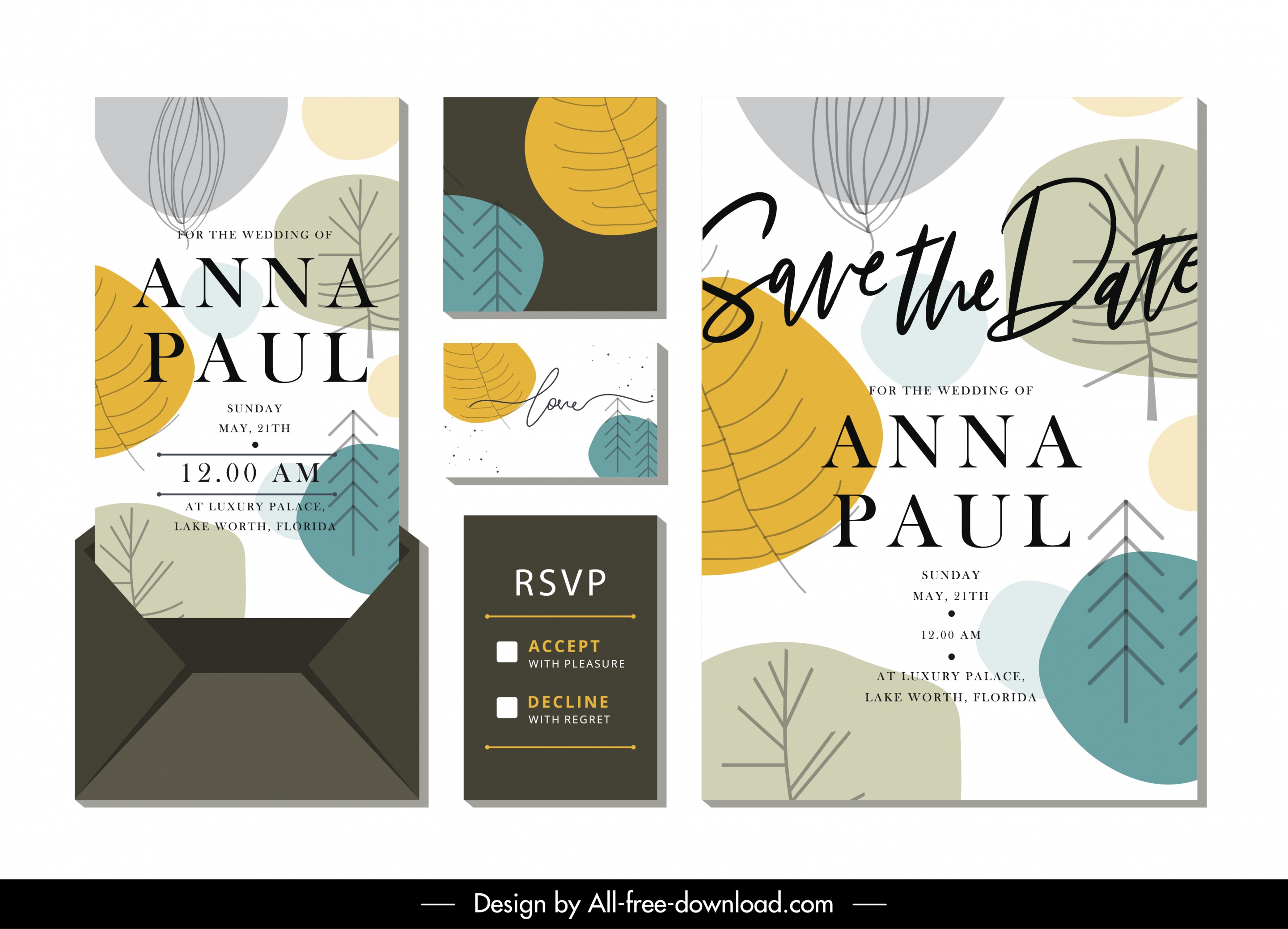 wedding card template colorful classic handdrawn leaves decor