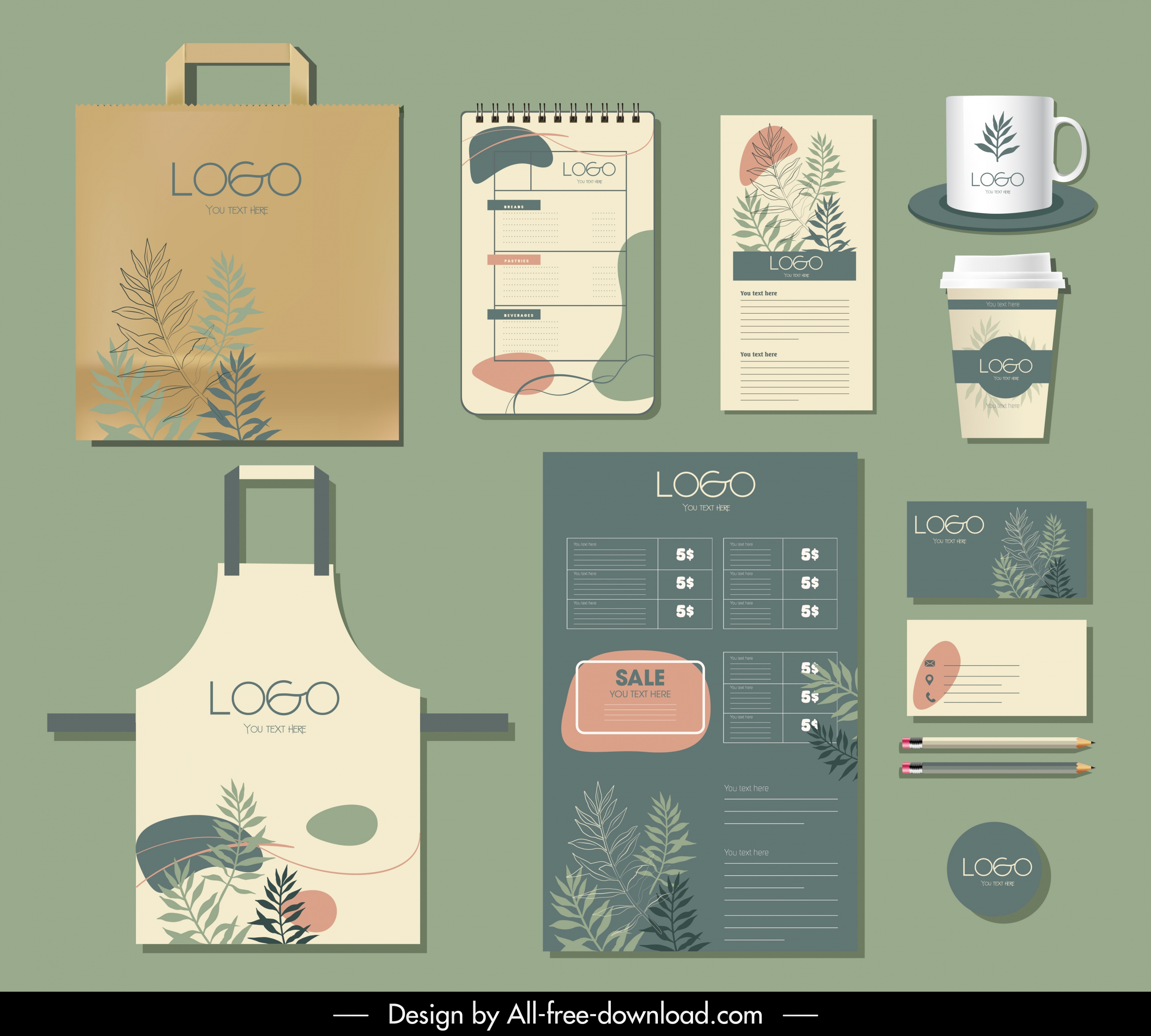 branding identity sets nature theme classic handdrawn leaves