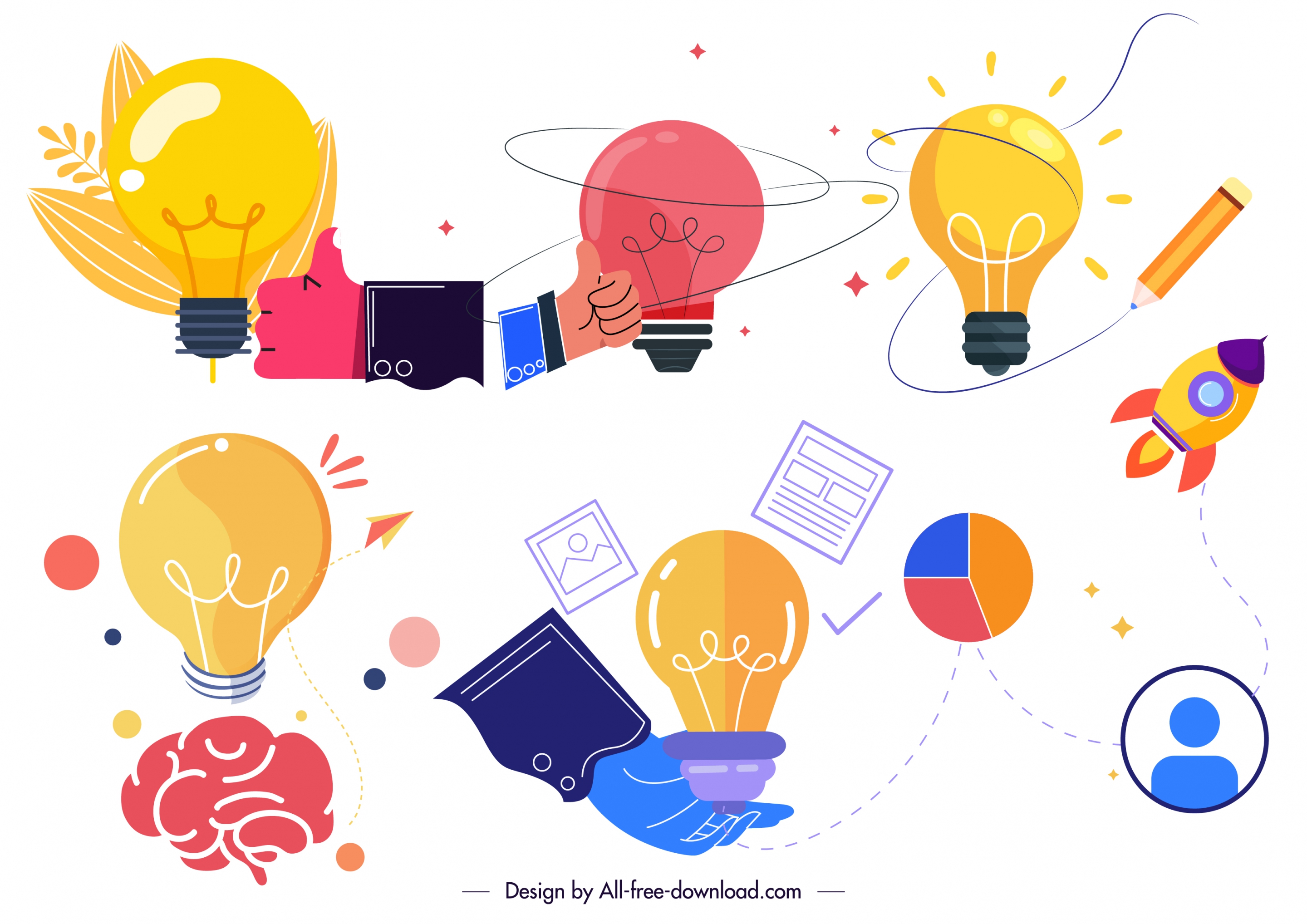 idea elements icons lightbulb brain hand sketch