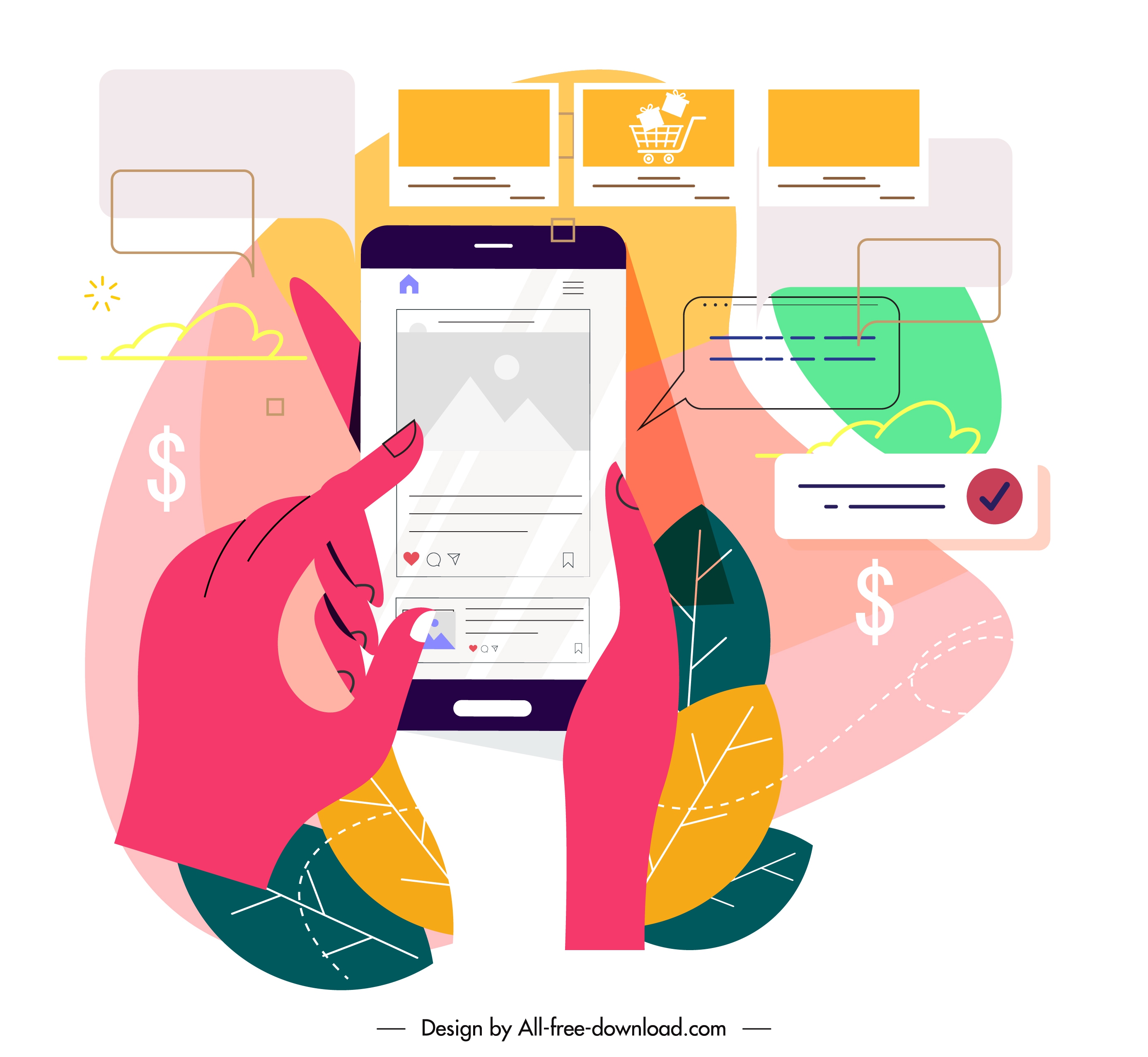 ecommerce marketing background colorful flat smartphone application sketch