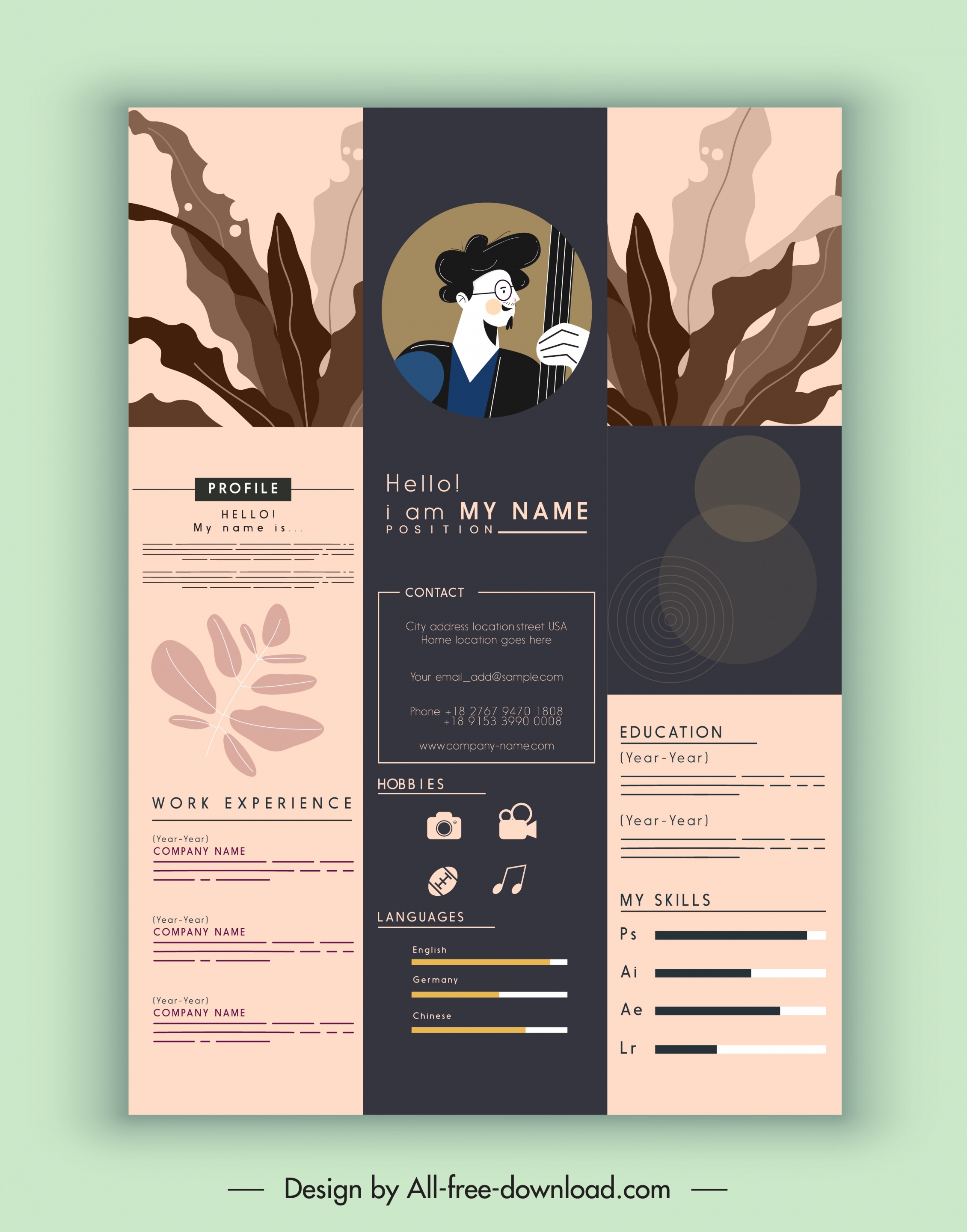 cv template elegant dark leaves portrait decor