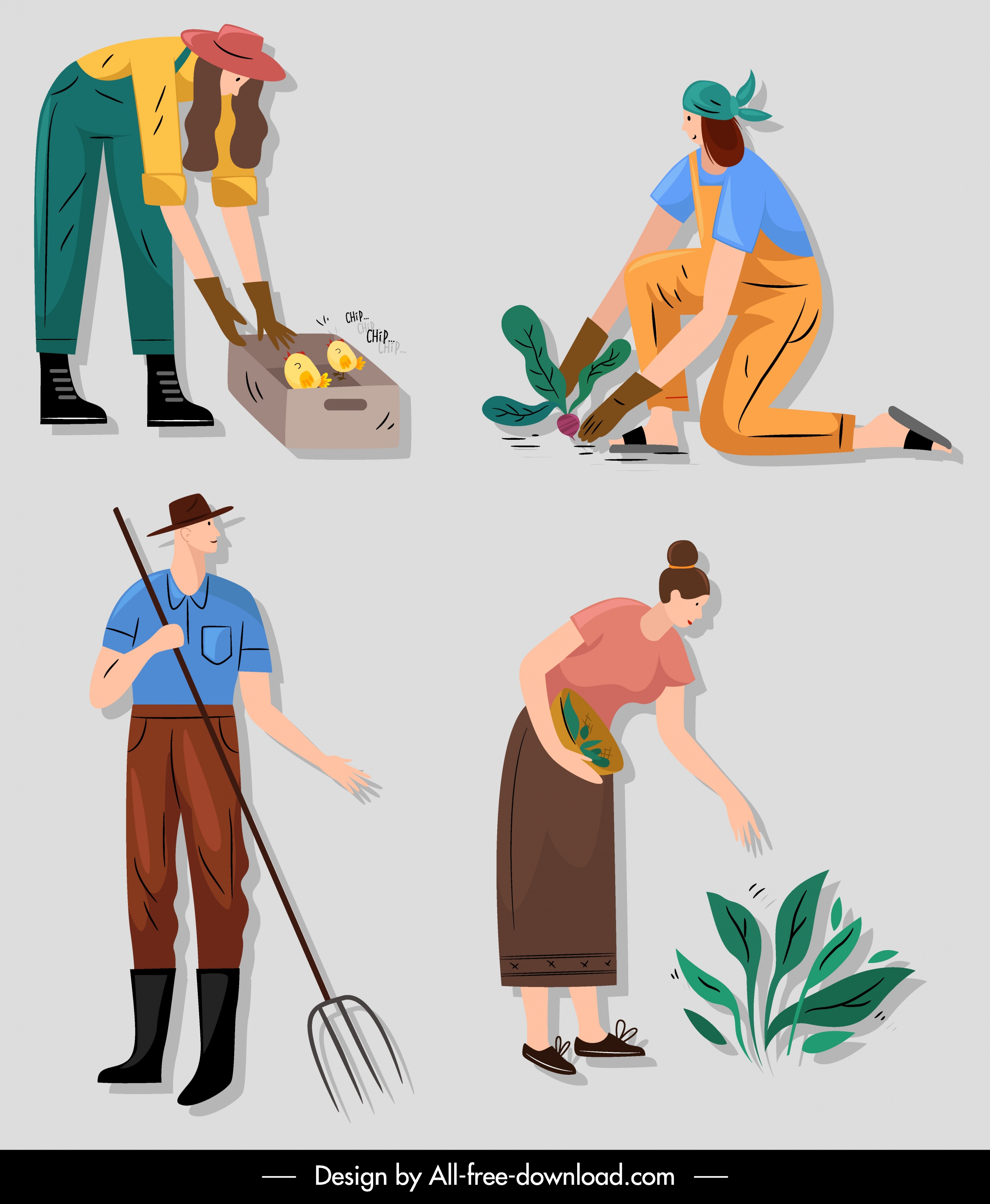 gardener icons colored cartoon characters sketch