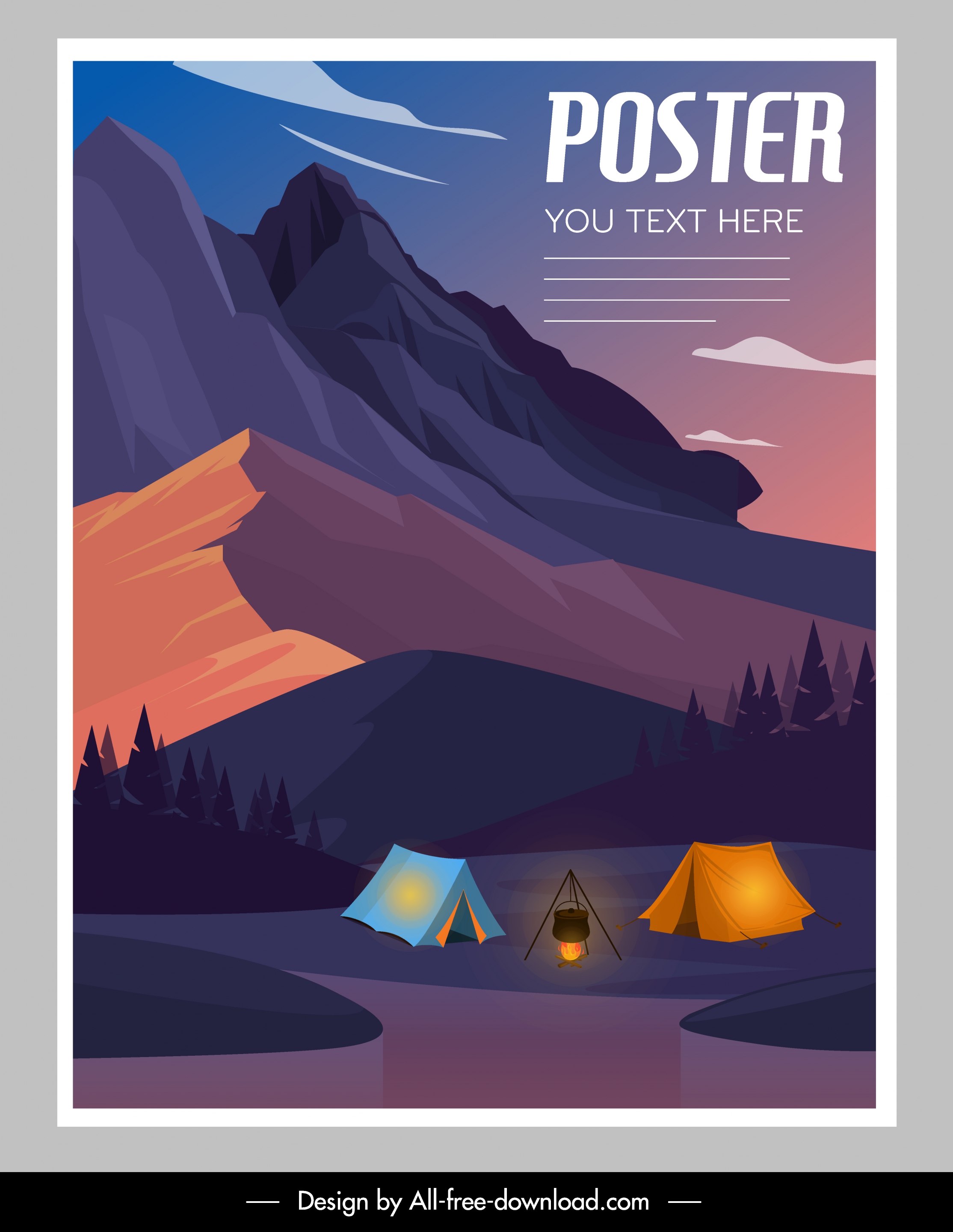 camping activity poster mountain scene sketch colorful design