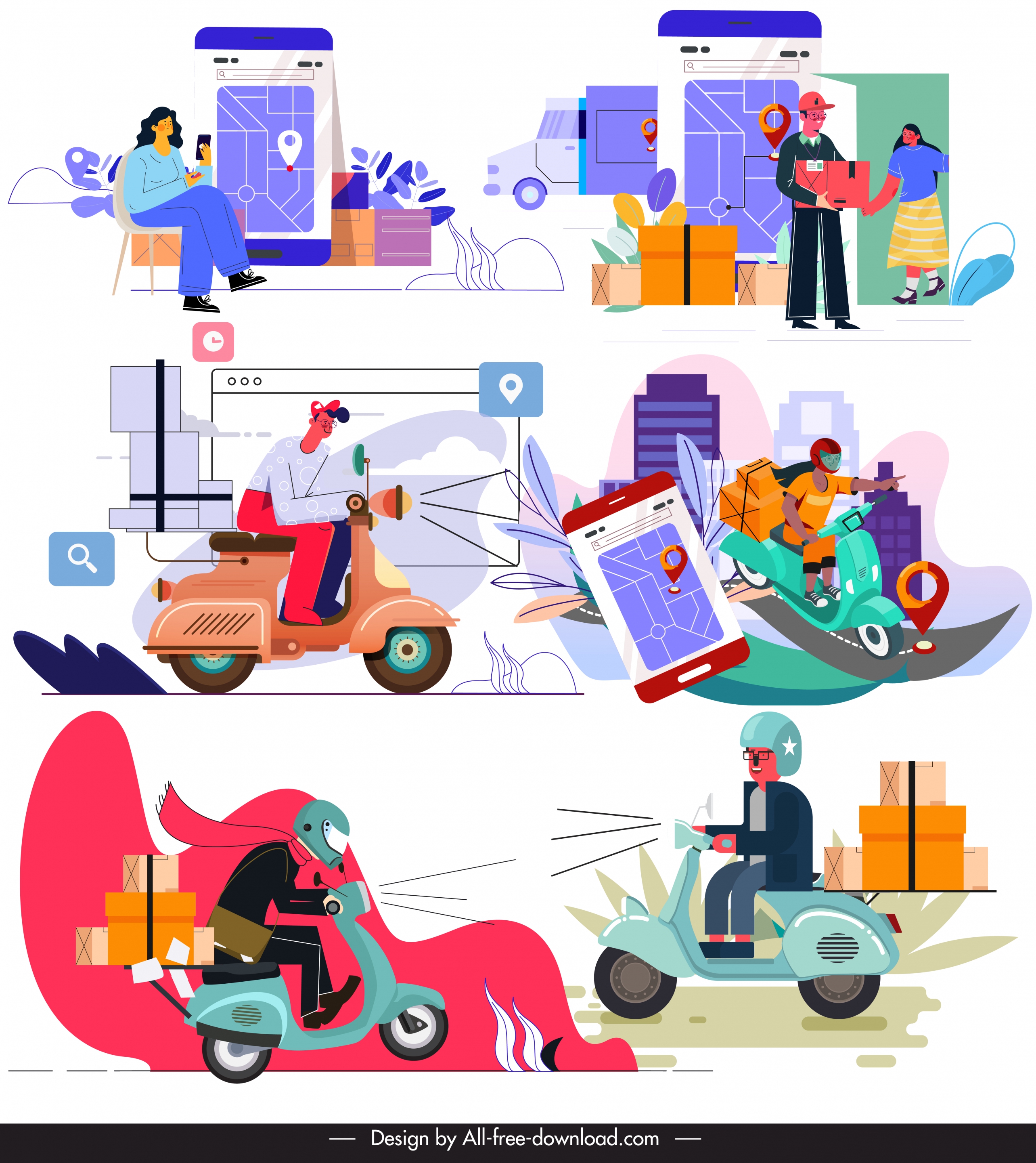 shipping icons colorful cartoon characters sketch