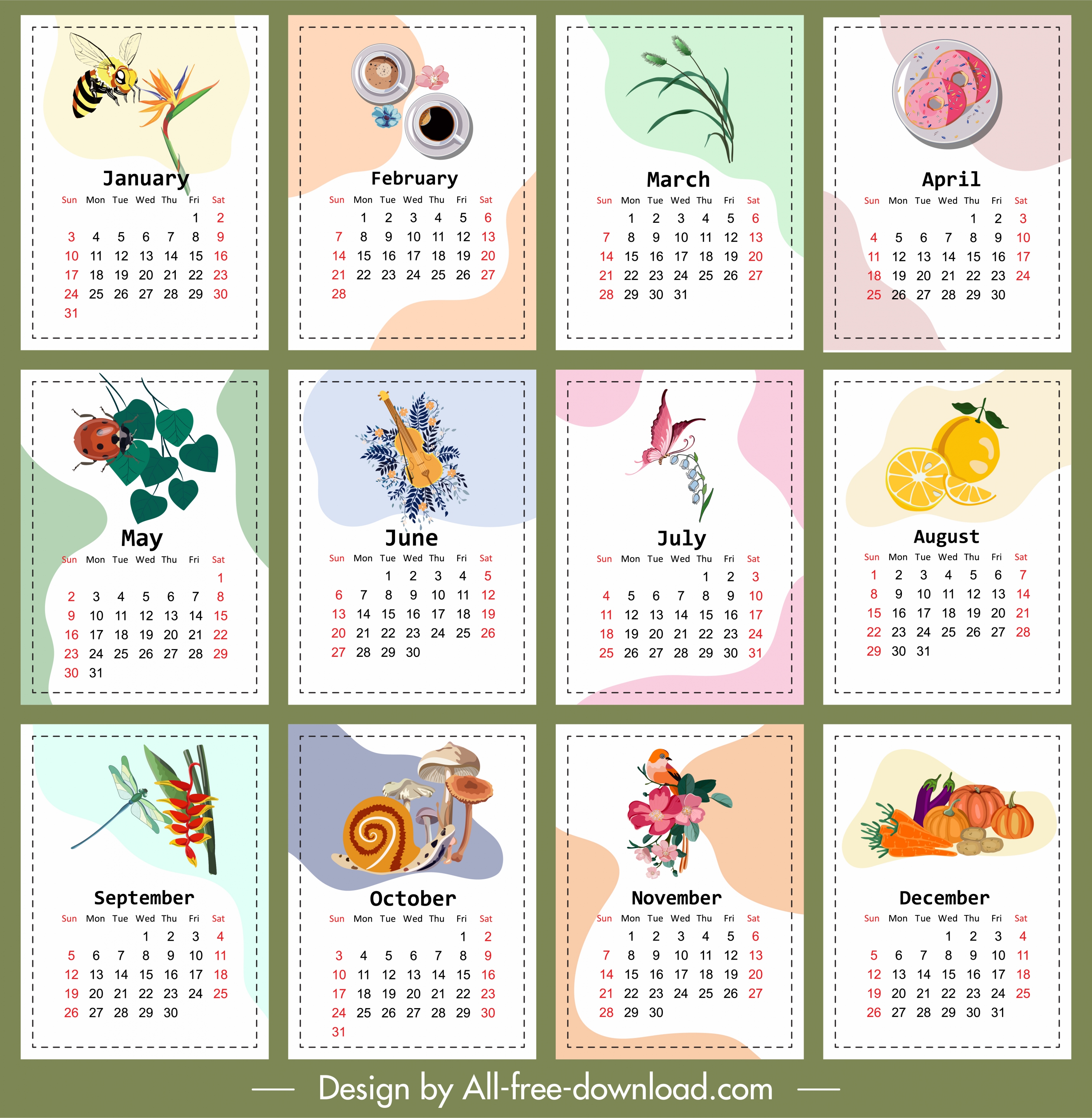 calendar templates colorful insect fruit floras pie themes