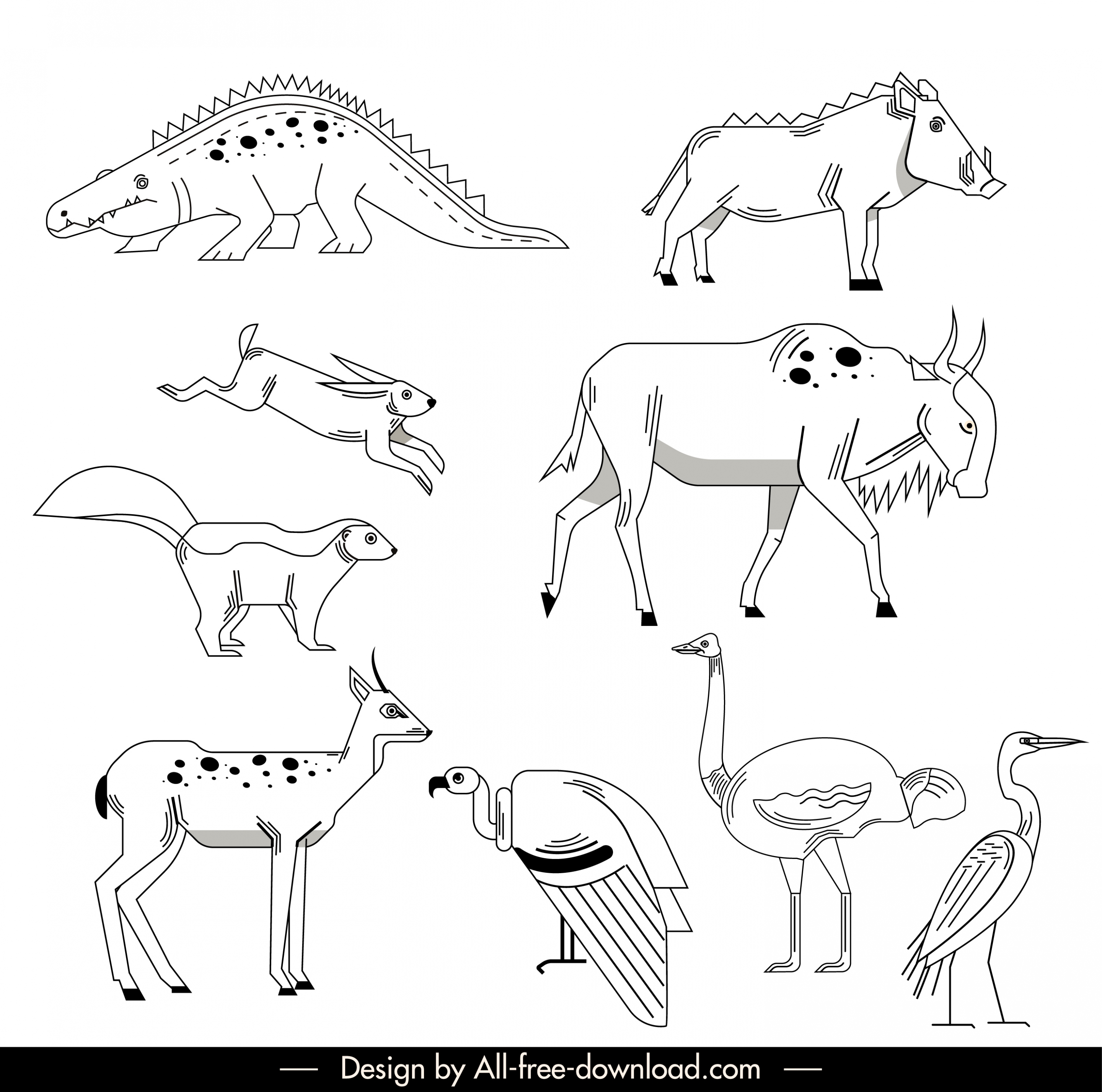 wilds animals species icons black white handdrawn