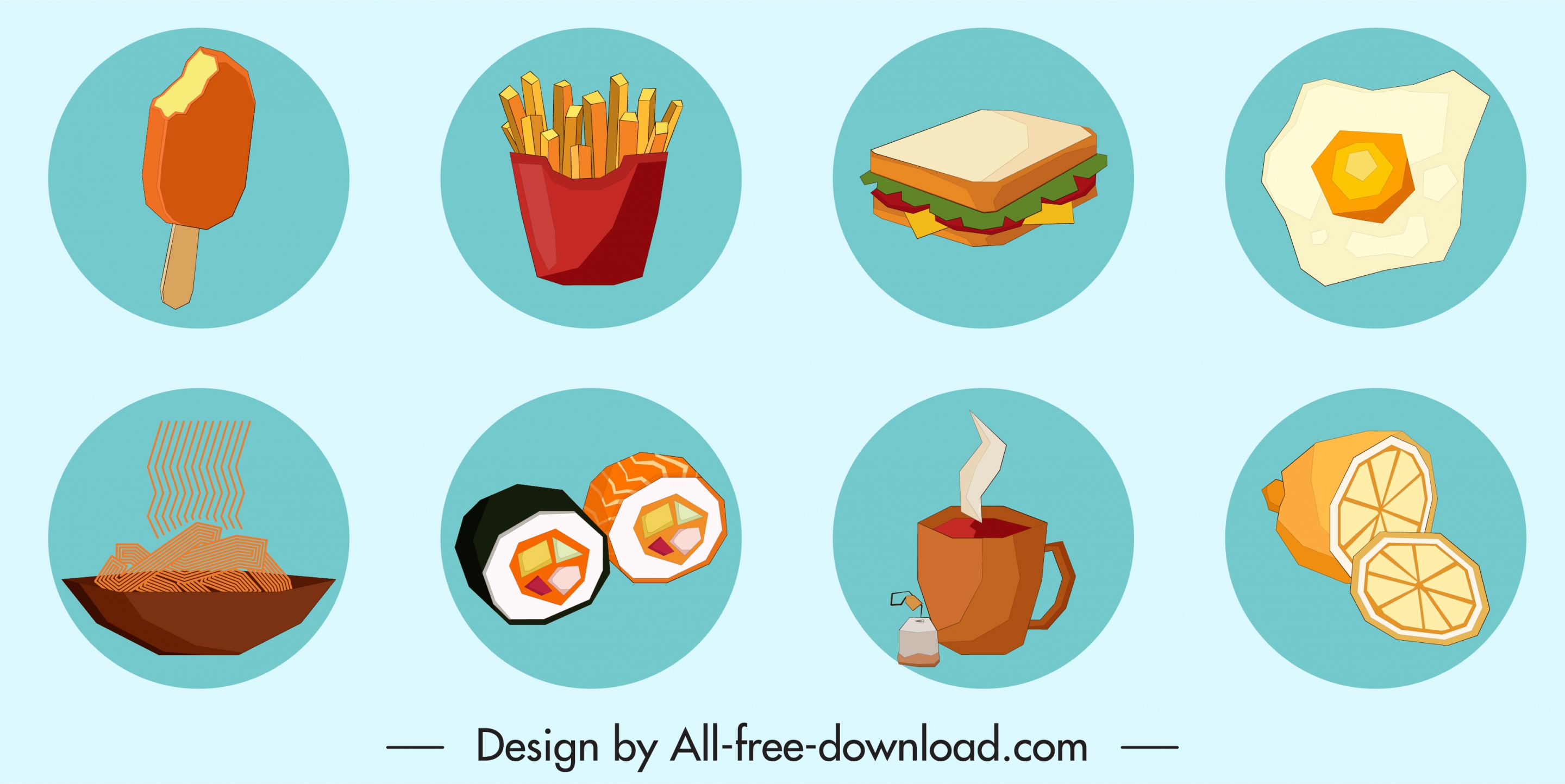 food icons colored classic design circle isolation