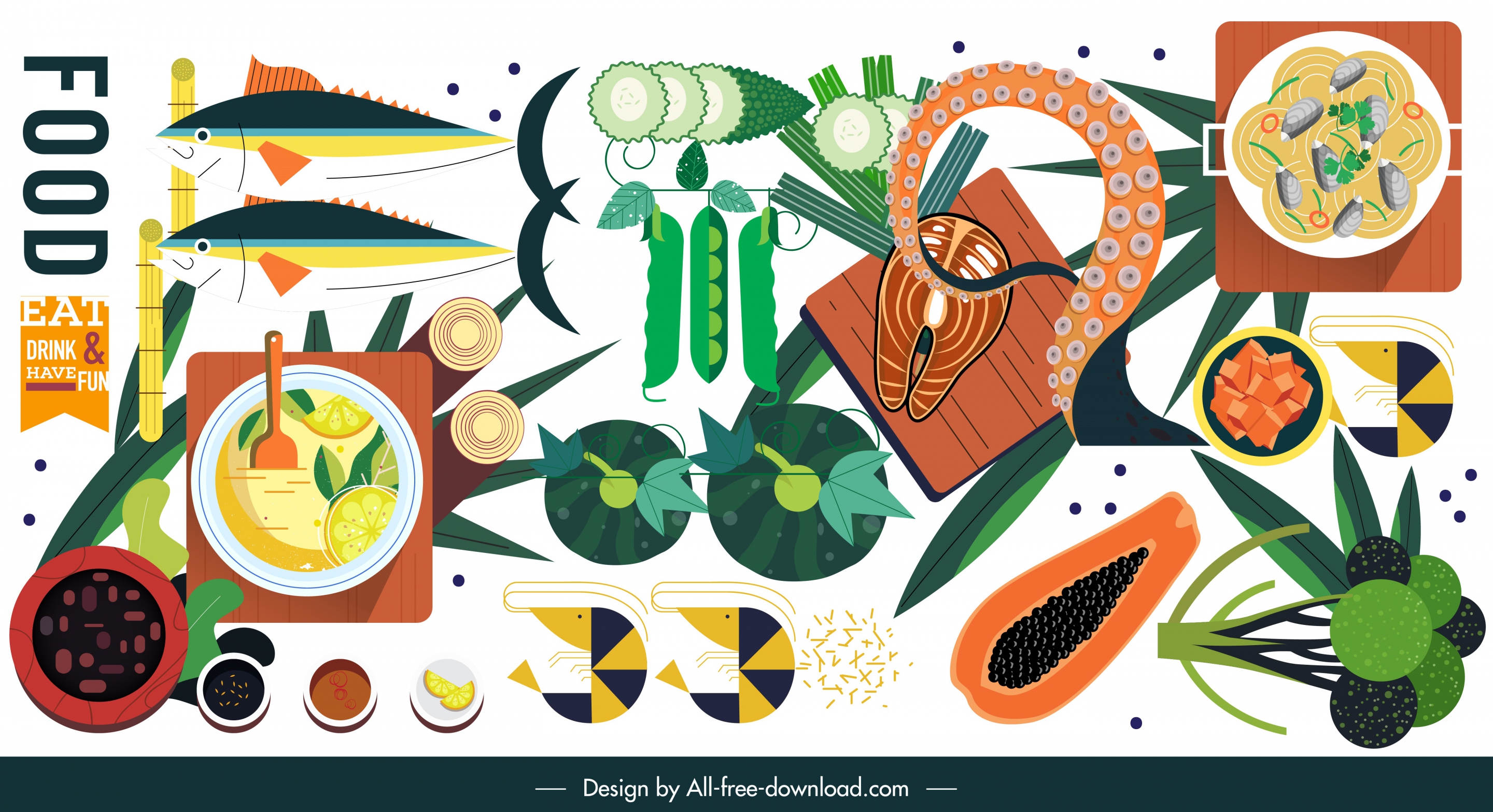 food ingredients icons colorful flat classical design