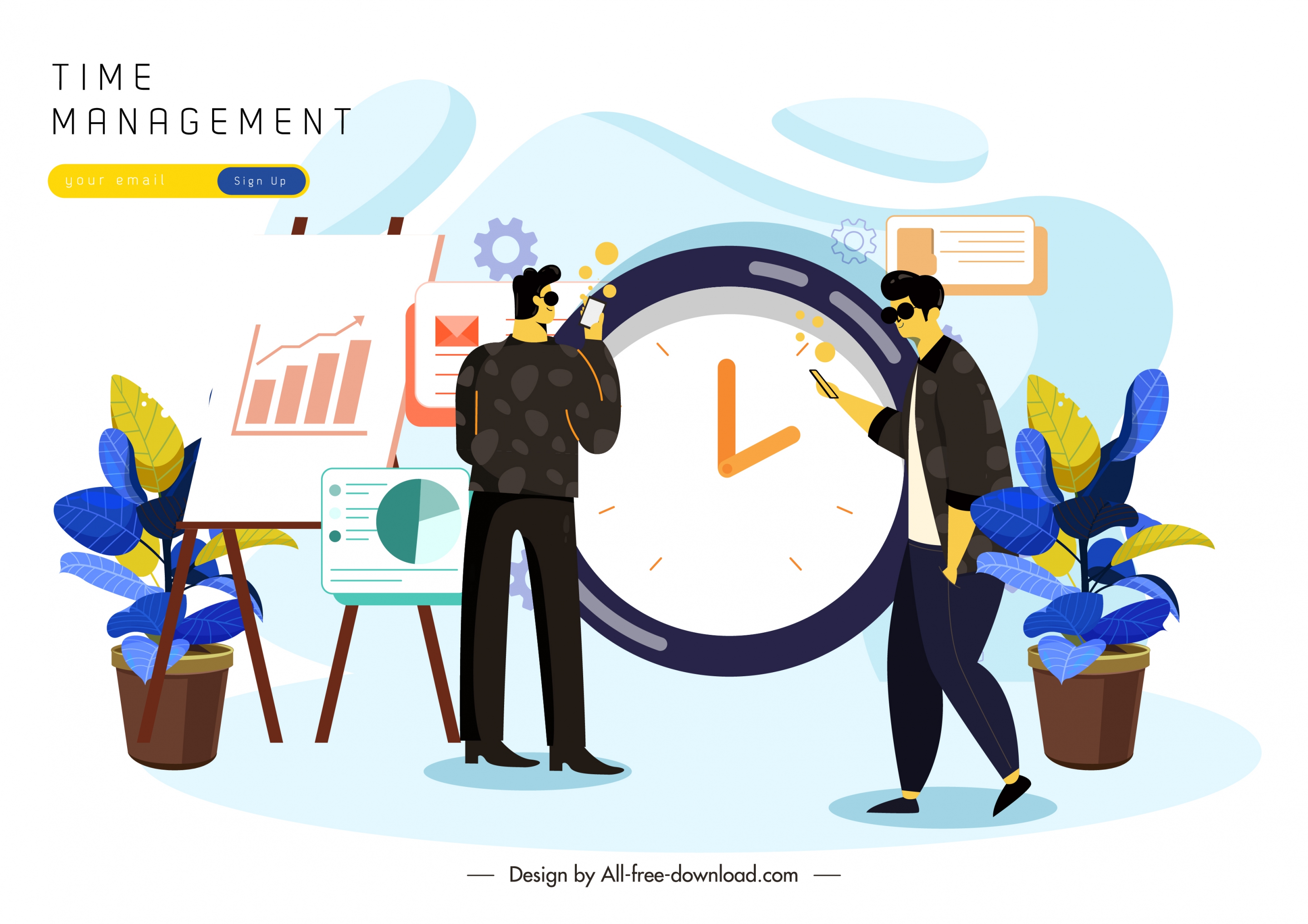 time management poster men clock business elements sketch