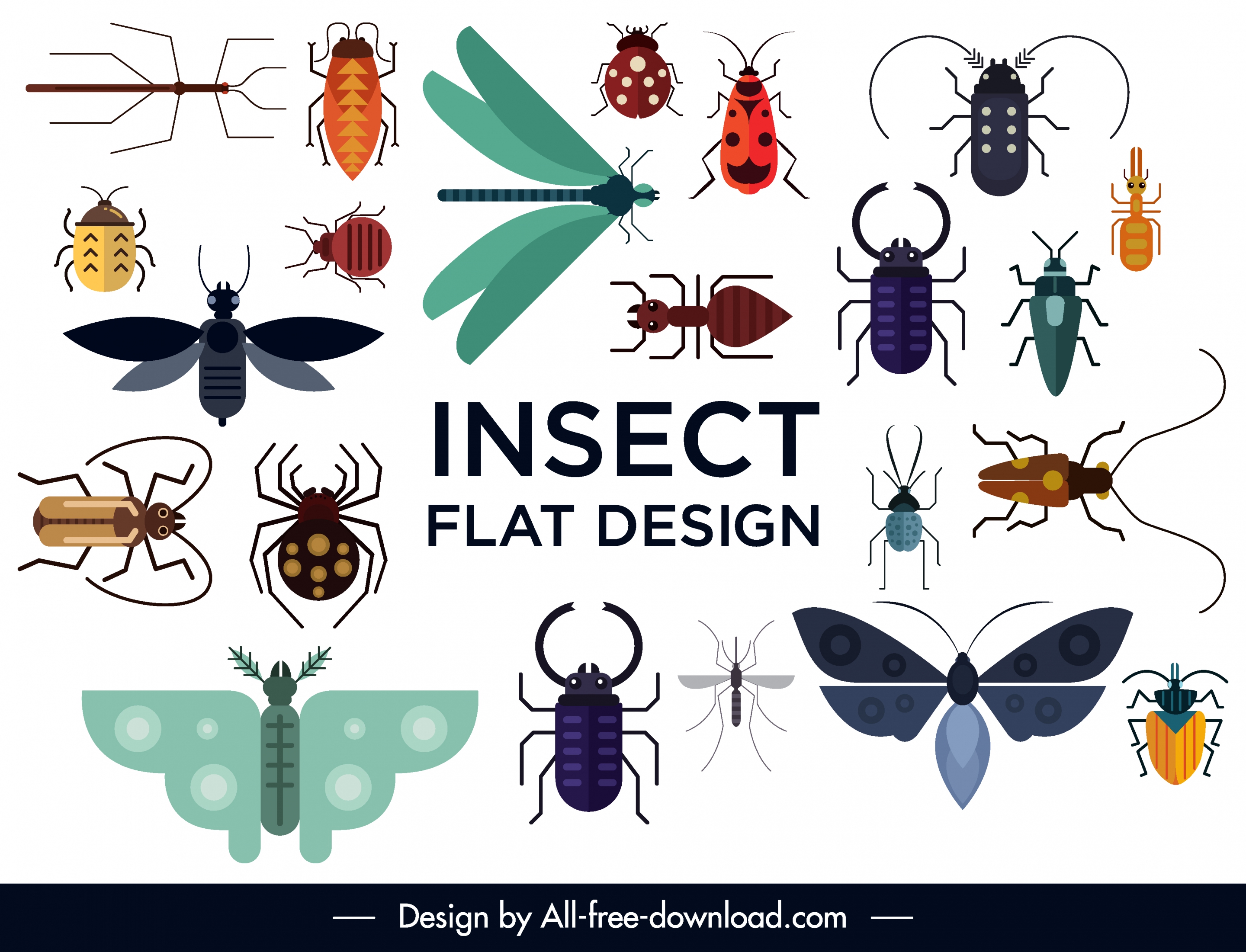 insects species icons colorful flat sketch