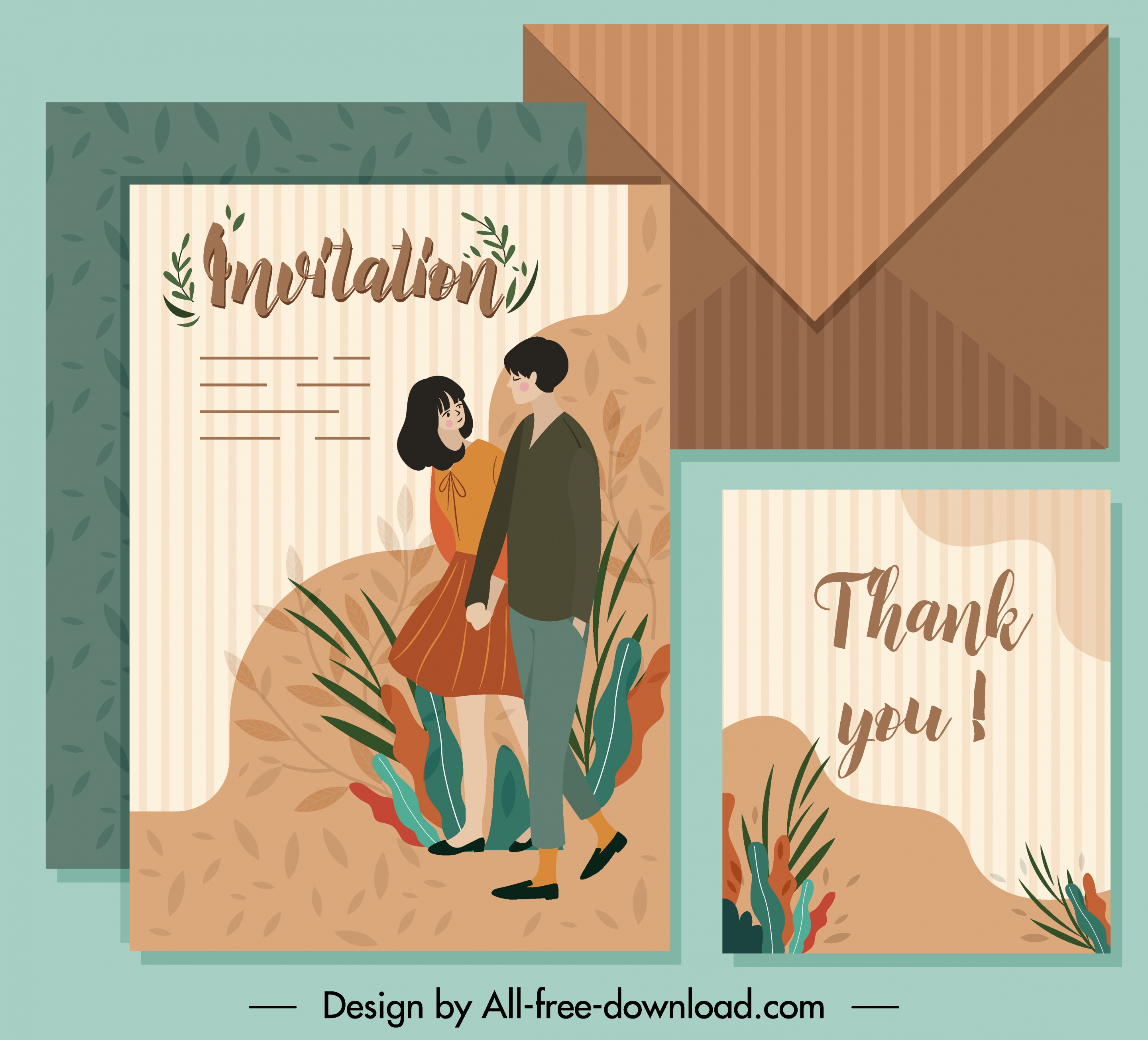 invitation card template couple sketch colored classic design