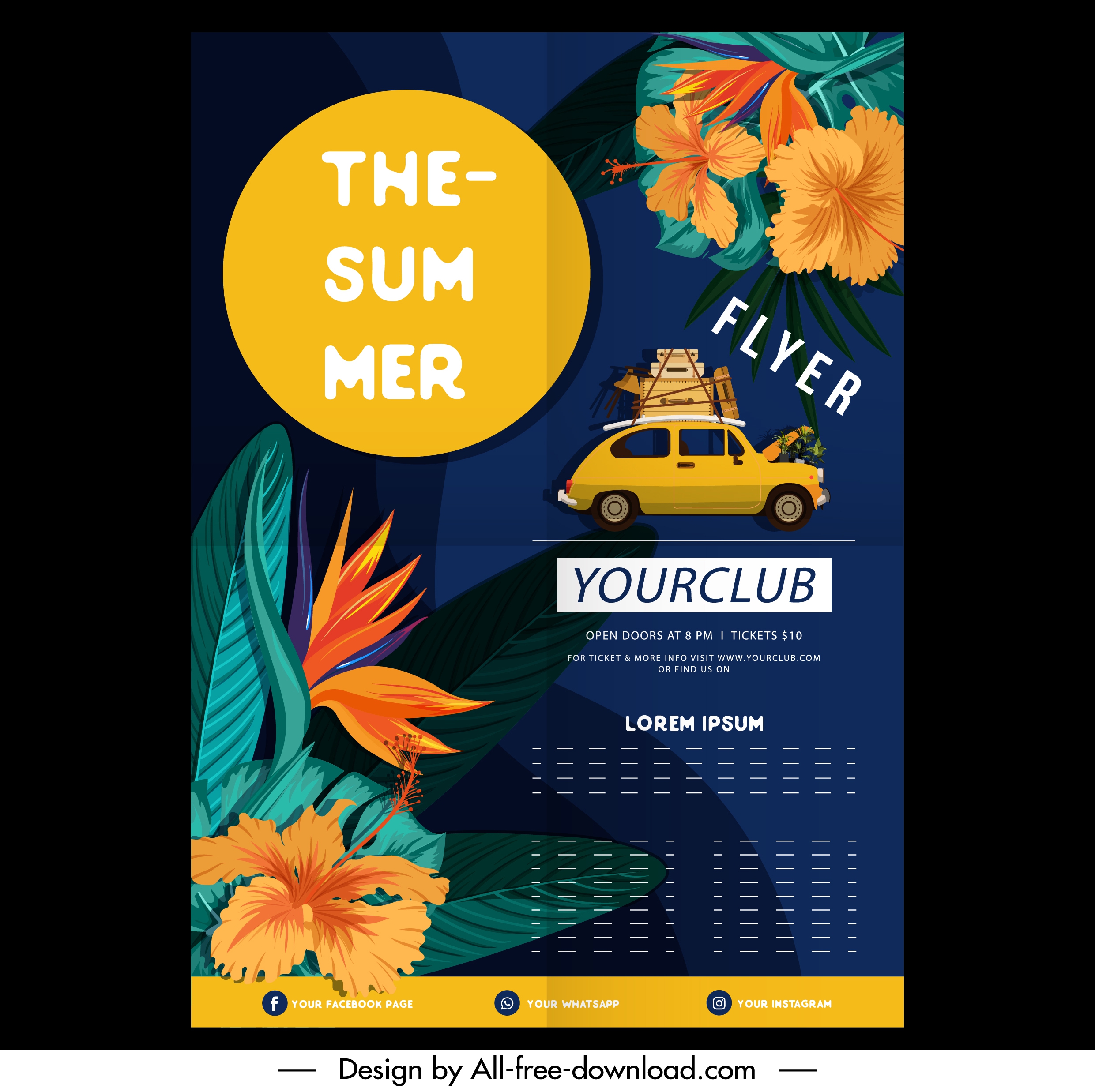 summer trip flyer template floral decor car sketch