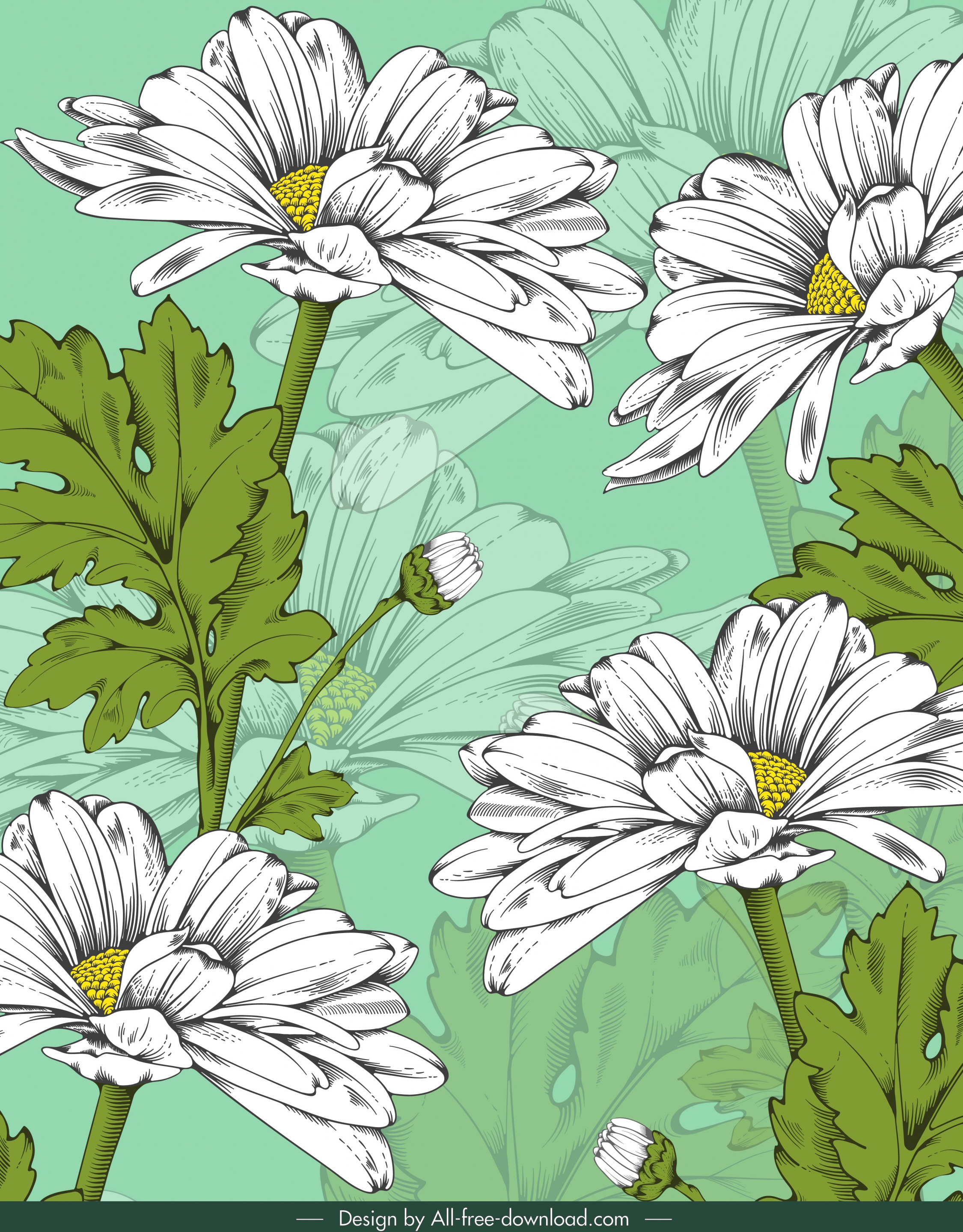 daisy floral painting handdrawn classical blurred design