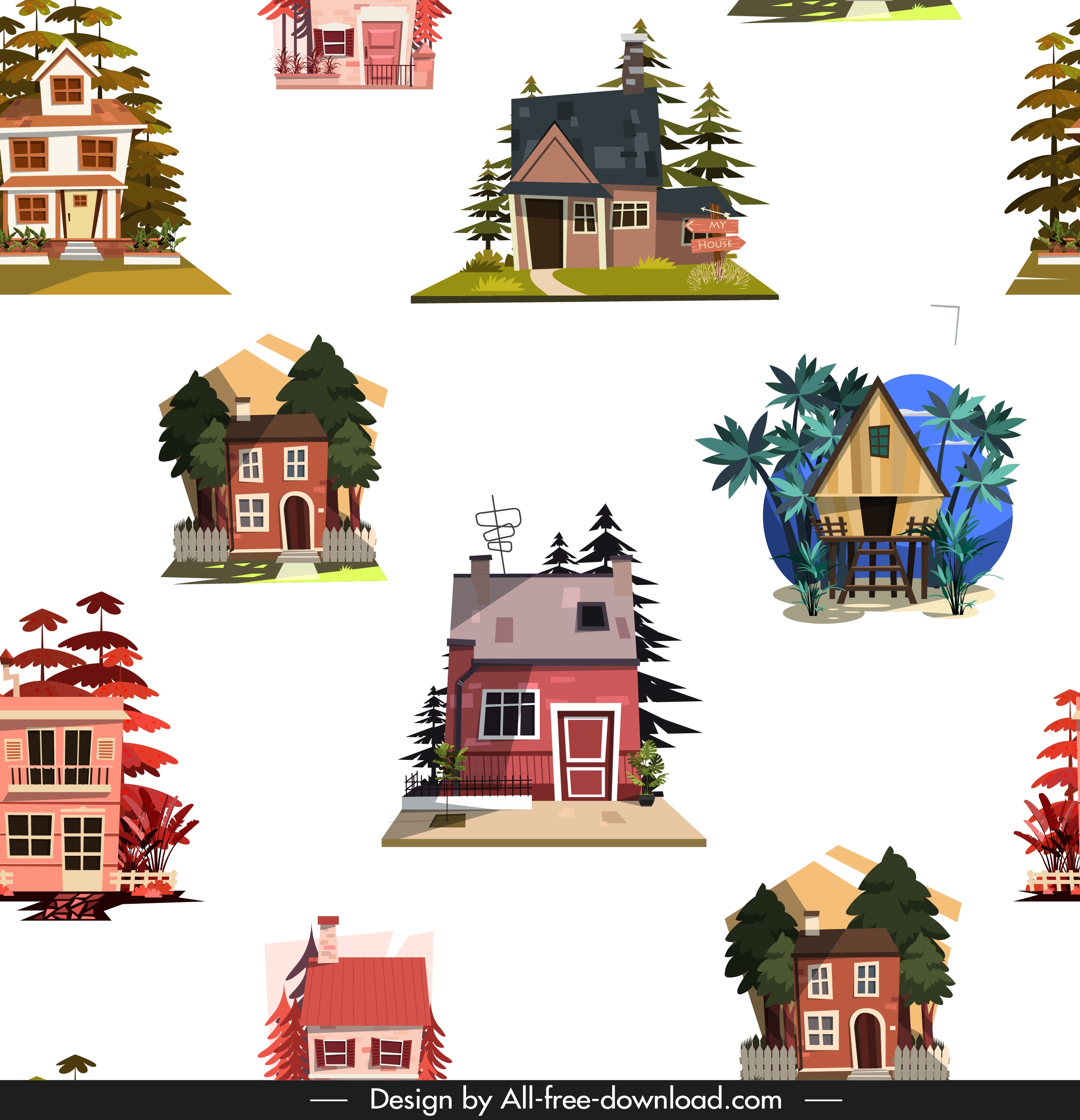 houses pattern colorful classical repeating sketch