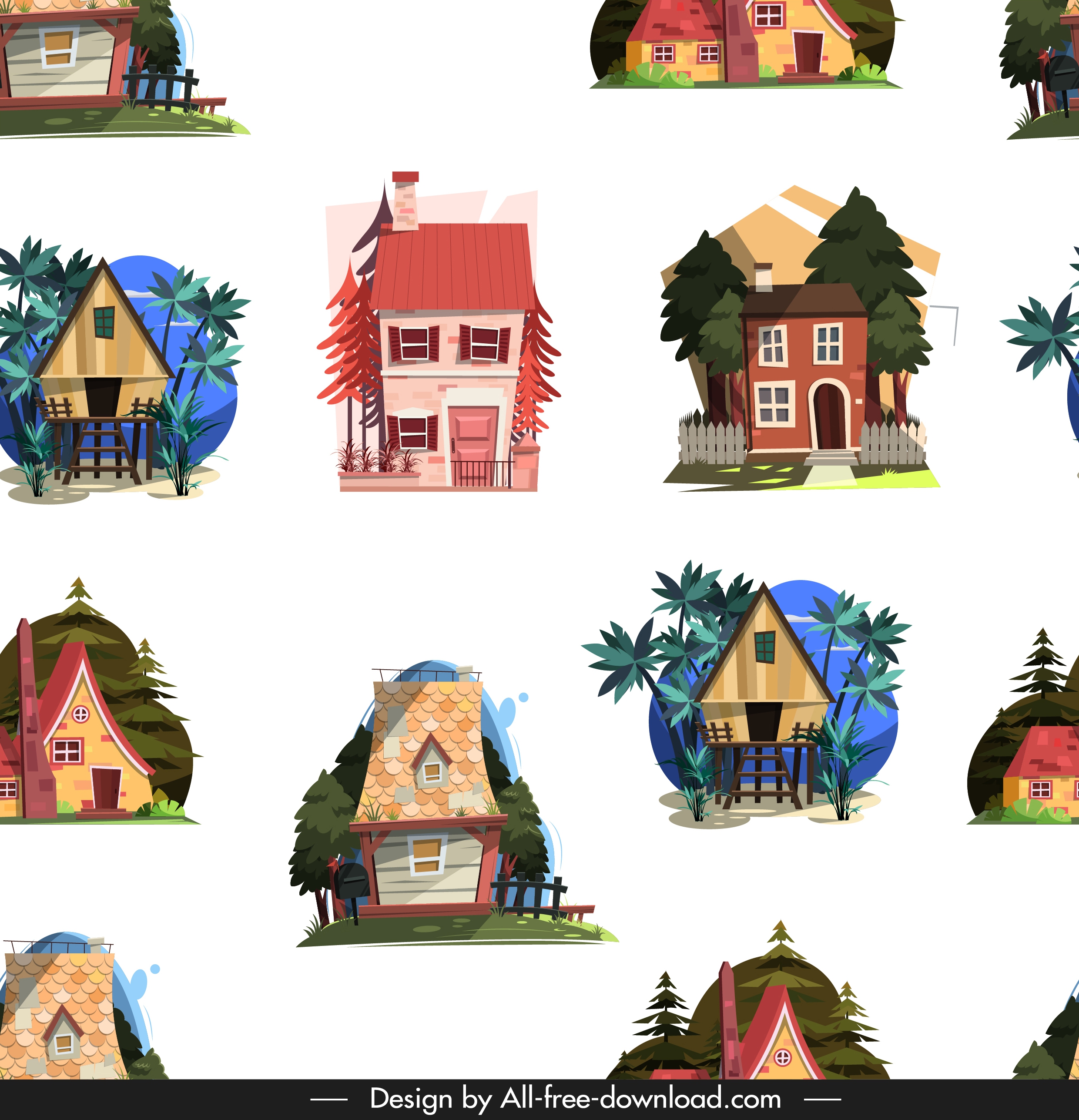 houses pattern colorful classical repeating sketch