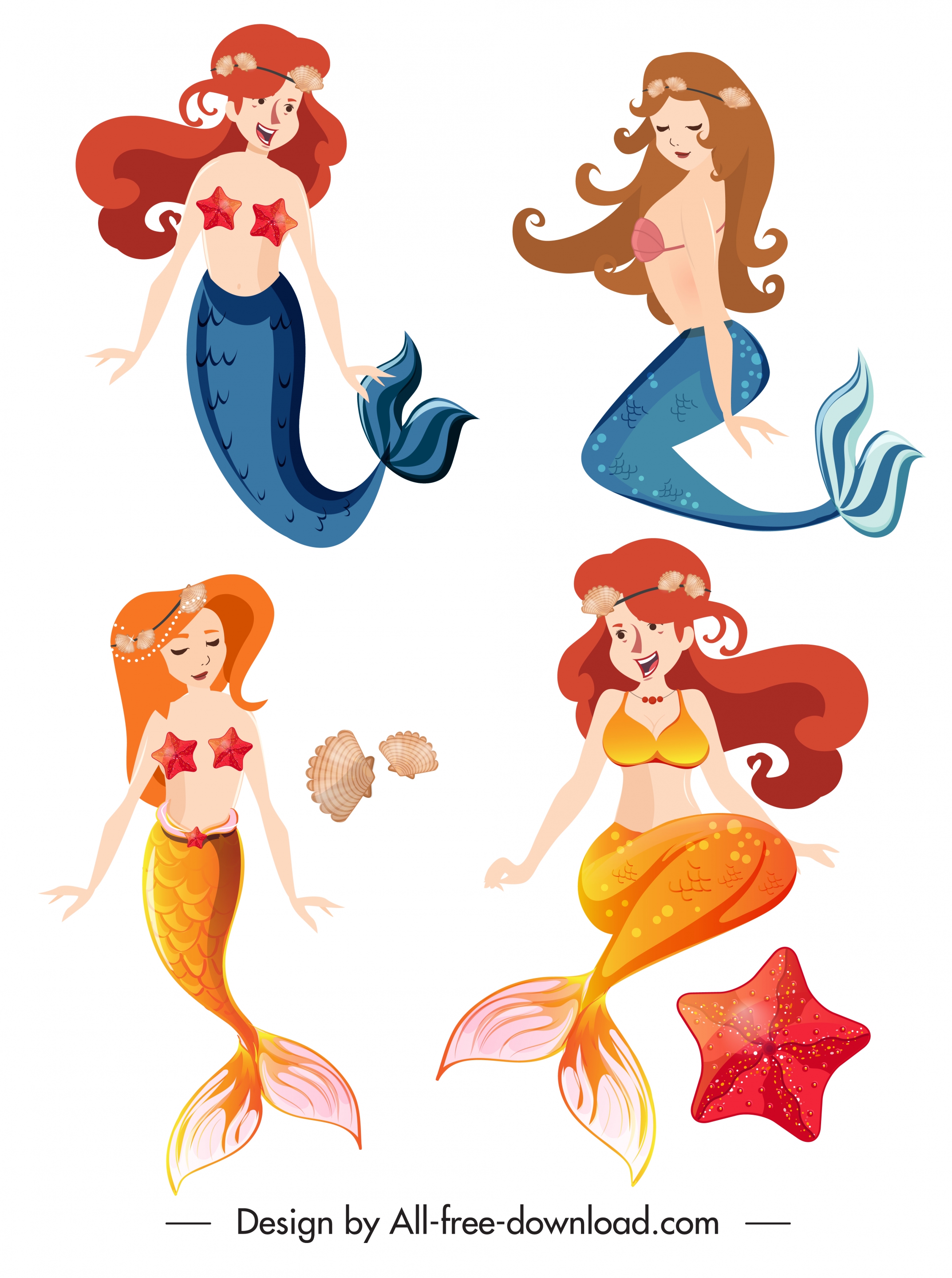 mermaid icons colored cartoon characters sketch