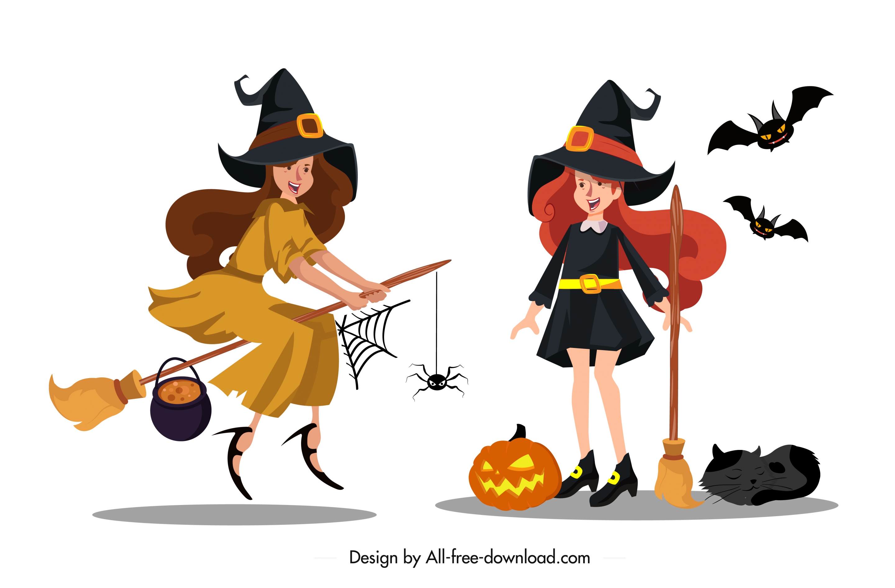 witch icon cute young girls sketch colored cartoon